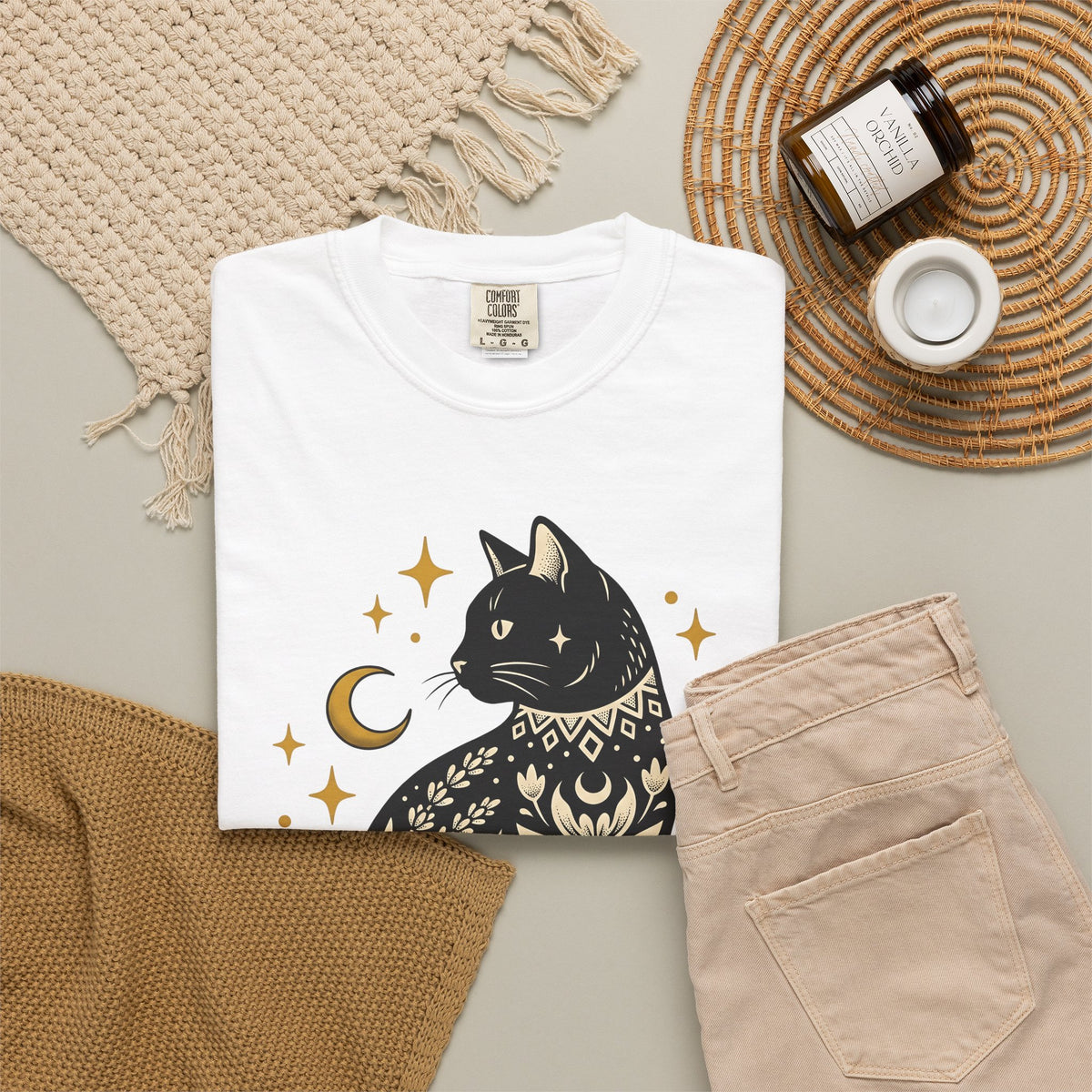 Astral Cat T-Shirt Boho Chic Esoteric Gift Women Ethnic T-Shirt Celestial Cat T-Shirt Bohemian Fan Tribal T-Shirt Mystical Graphic Sleek Moonlight