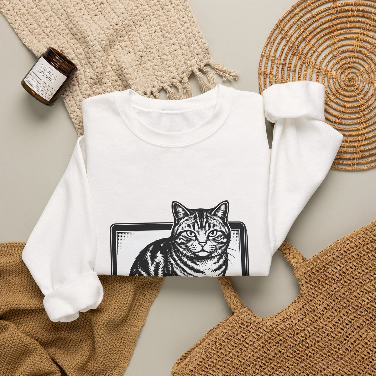Orange Cat Sweatshirt Cat Gadgets Gift Women Classic Sweatshirt Kitty Sweatshirt Cat Fan Retro Sweatshirt Tech Graphic Doodle Notebook Sweatshirt