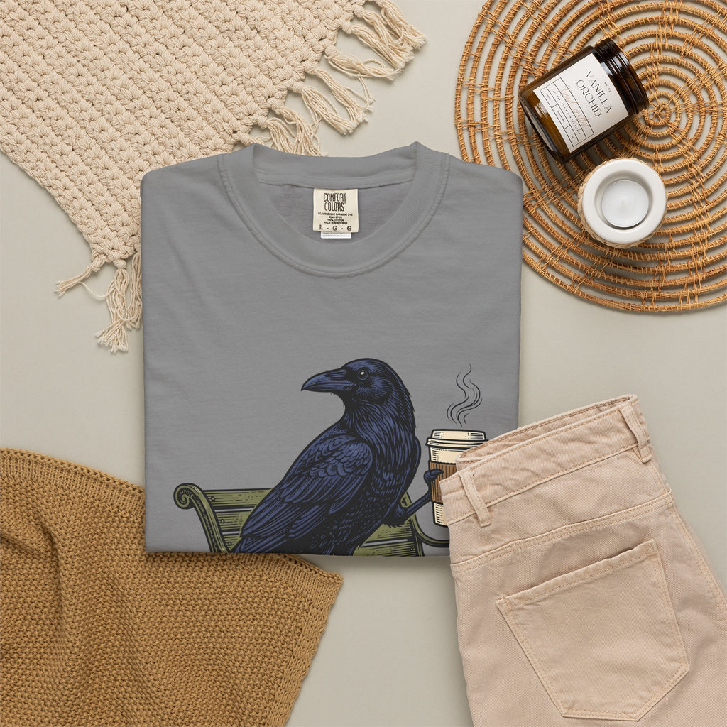 Raven Coffee T-Shirt Coffee Animal Gift Women Vintage T-Shirt Coffee T-Shirt Coffee Fan Retro T-Shirt Wildlife Graphic Hand Drawn Park Bench T-Shirt