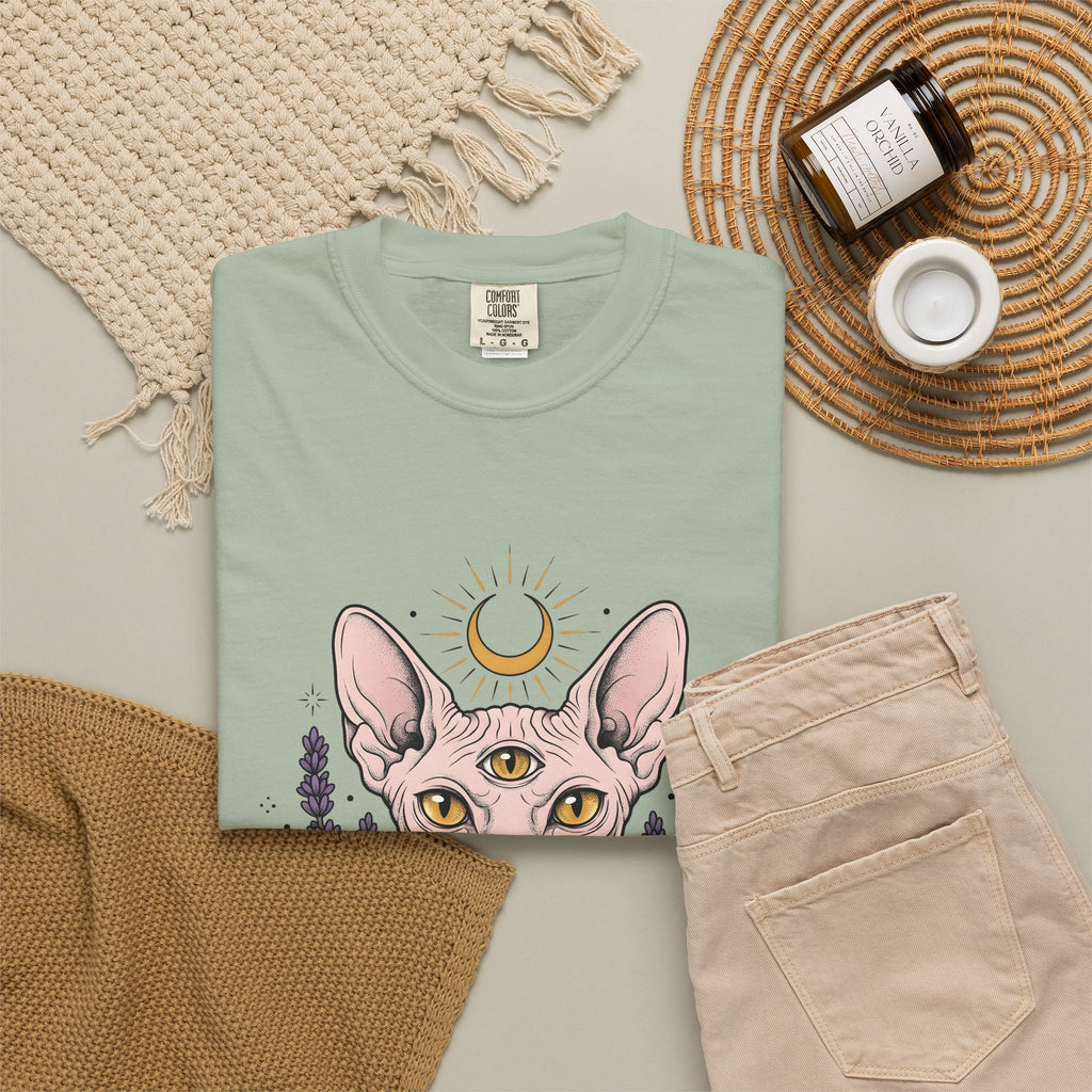 Sphynx Cat T-Shirt Boho Chic Metaphysical Gift Women Line Art T-Shirt Hairless Cat T-Shirt Bohemian Fan Minimalist T-Shirt Spiritual Graphic Folk