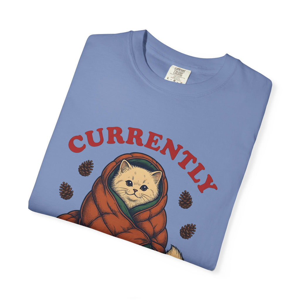 Warm Cat T-Shirt Cat Backpacking Gift Women Farmhouse T-Shirt Kitty T-Shirt Feline Fan Rustic T-Shirt Hiking Graphic Line Art Conifer Cones T-Shirt