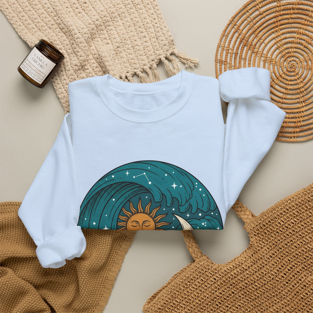Sun Moon Sea Celestial Horoscope Gift Folk Ocean Astrology Enthusiast Bohemian Zodiac Rustic Star Sweatshirt