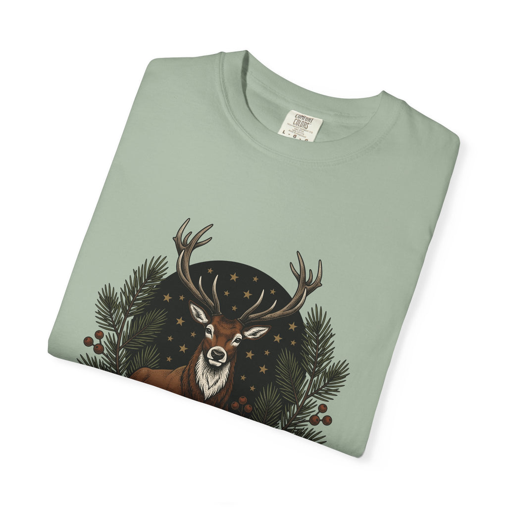 Elk Design T-Shirt Woodland Festive Gift Women Old School T-Shirt Moose T-Shirt Forest Fan Vintage T-Shirt Holiday Graphic Outline Pine Cone T-Shirt