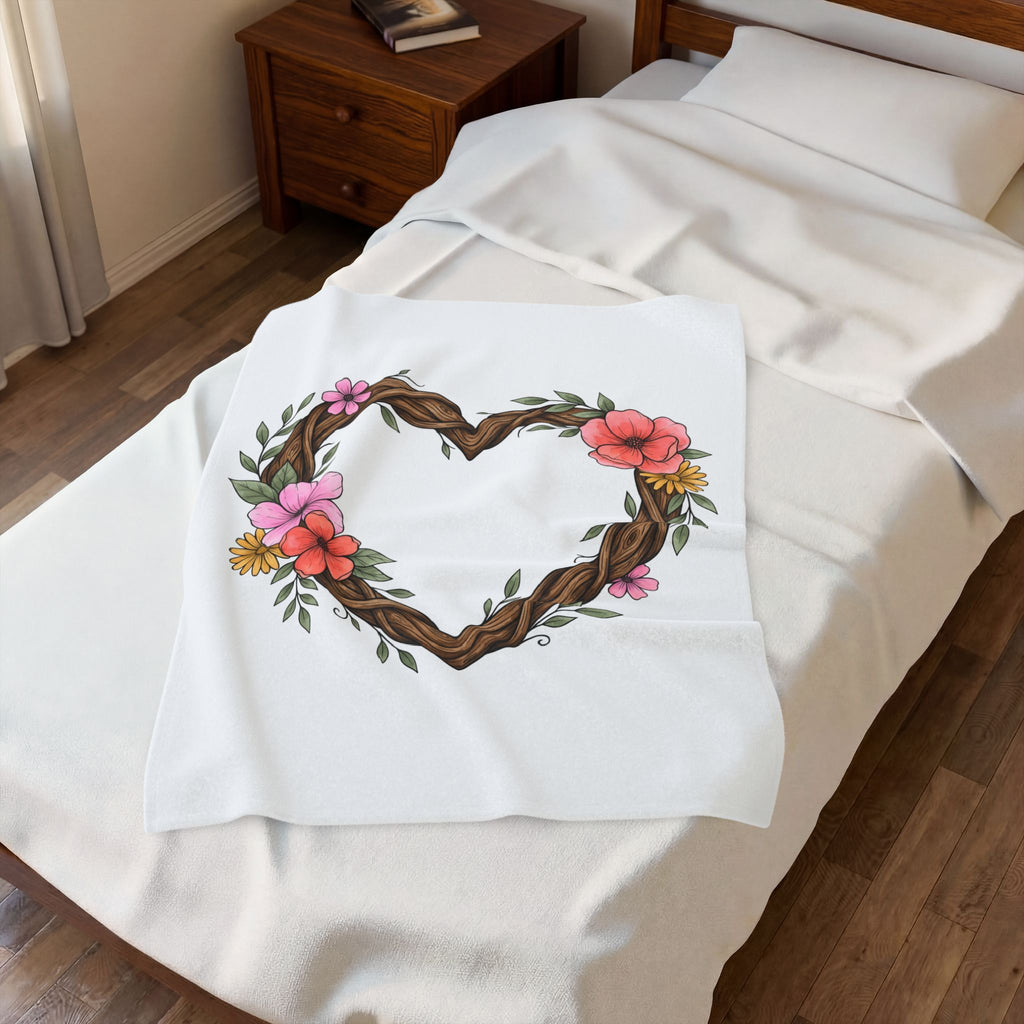 Floral Heart Blanket Boho Chic Nature Gift Women Hand Drawn Blanket Heart Blanket Bohemian Fan Illustrated Blanket Environmental Graphic Botanical