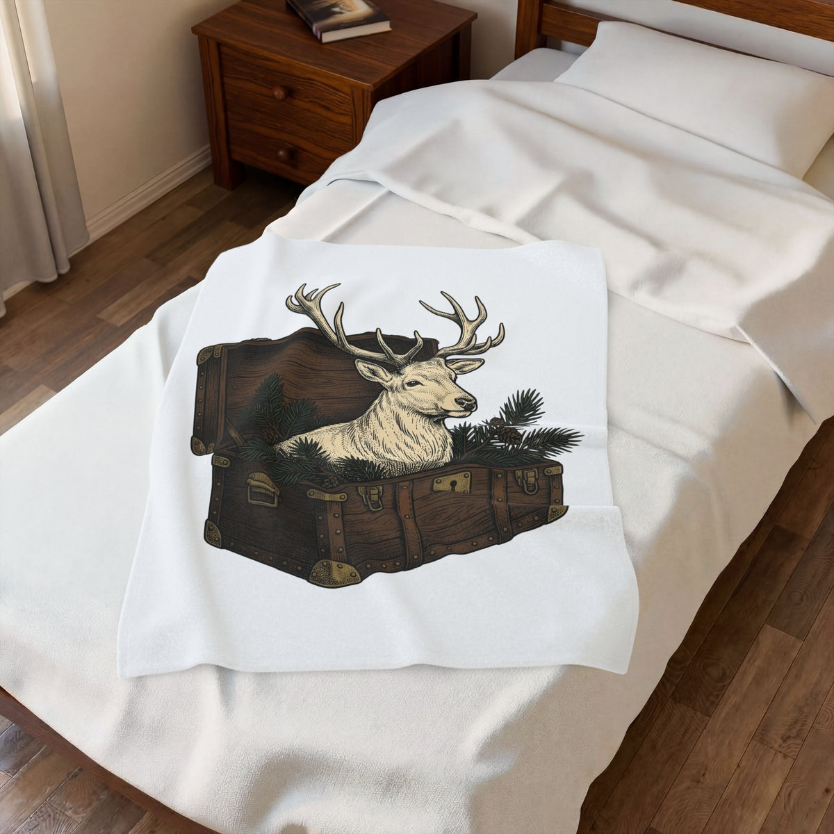 Deer Chest Blanket Woodland Animal Gift Women Hand Drawn Blanket Fawn Blanket Forest Fan Illustrated Graphic Blanket Vintage Pine Branches Blanket