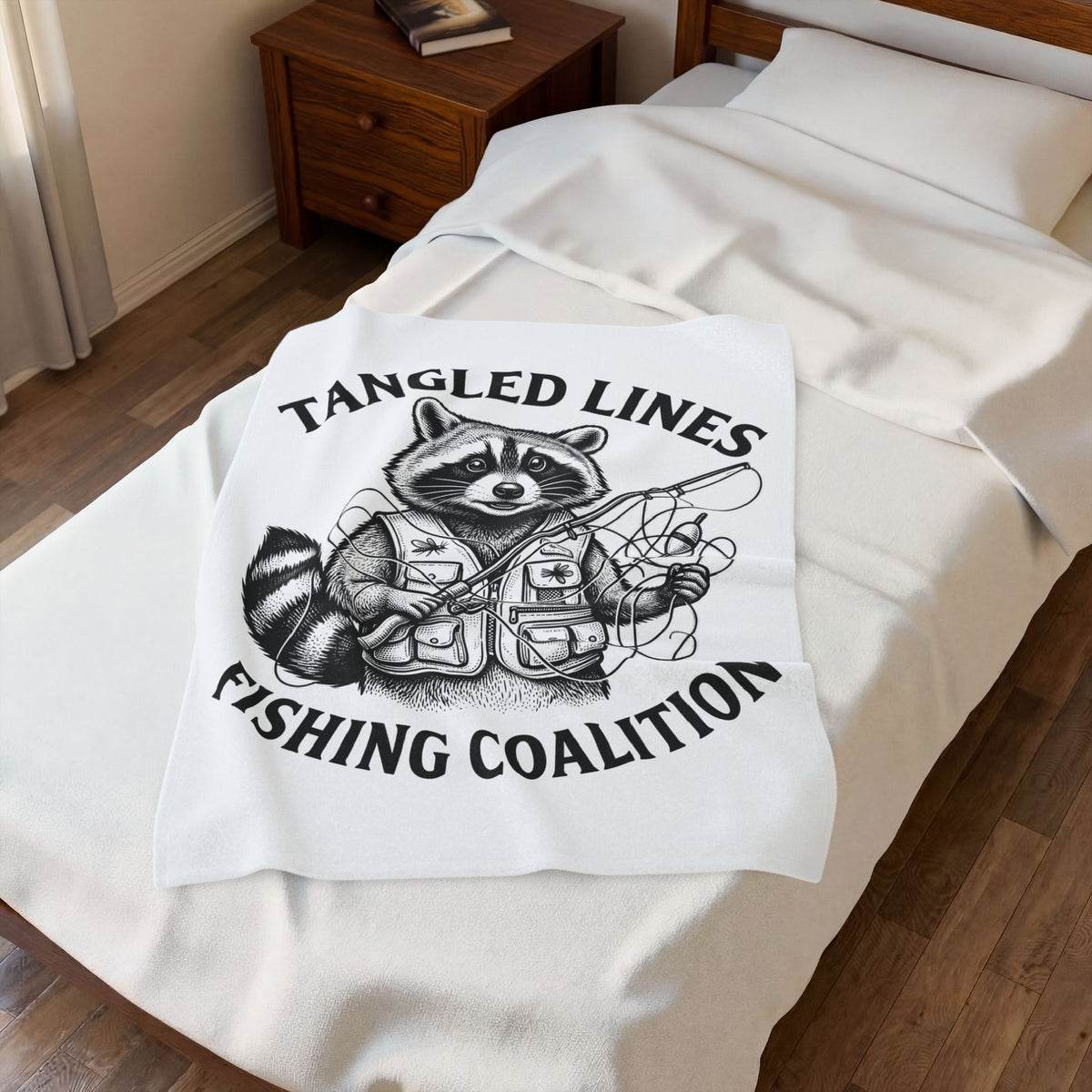 Raccoon Fisher Fishing Pets Gift Line Raccoon Angler Fan Illustrated Animal Cartoon Fishing Blanket
