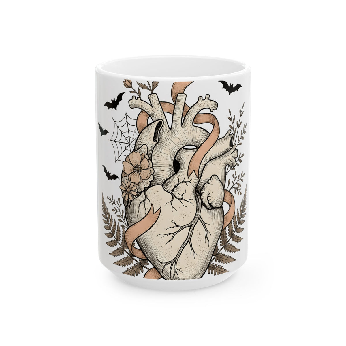 Anatomical Heart Mug Halloween Gothic Gift Women Tattoo Art Mug Cardiac Mug Horror Fan Ink Mug Dark Graphic Vintage Bats Mug