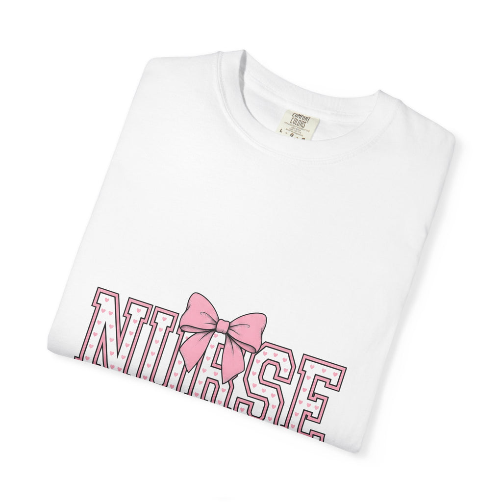 Blush Bow T-Shirt Nurse Thankfulness Gift Women Sweet T-Shirt Bow Tie T-Shirt Rn Fan Cute T-Shirt Gratitude Graphic Classic Heart Shapes T-Shirt
