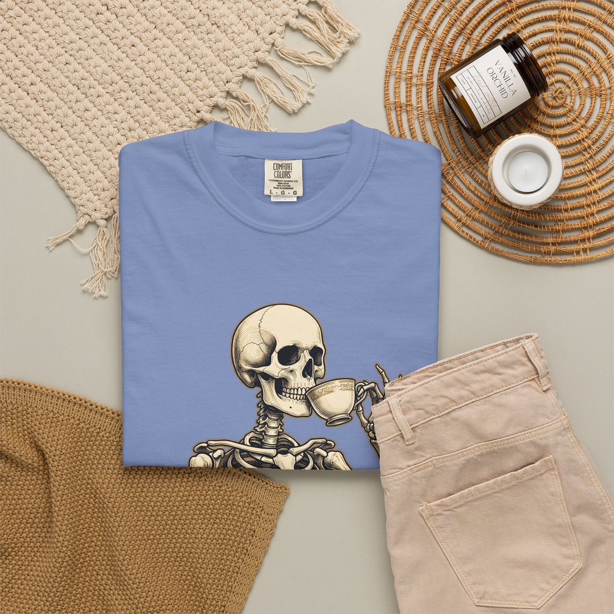Skeleton Tea Cup T-Shirt Halloween Goth Gift Women Vintage T-Shirt Tea Cup T-Shirt Horror Fan Retro T-Shirt Dark Graphic Hand