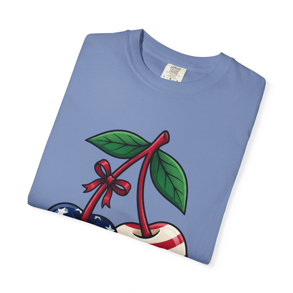 American Cherries 4Th Of July Beach Gift Comic Cherry Independence Day Fan Cartoon Coastal T-Shirt