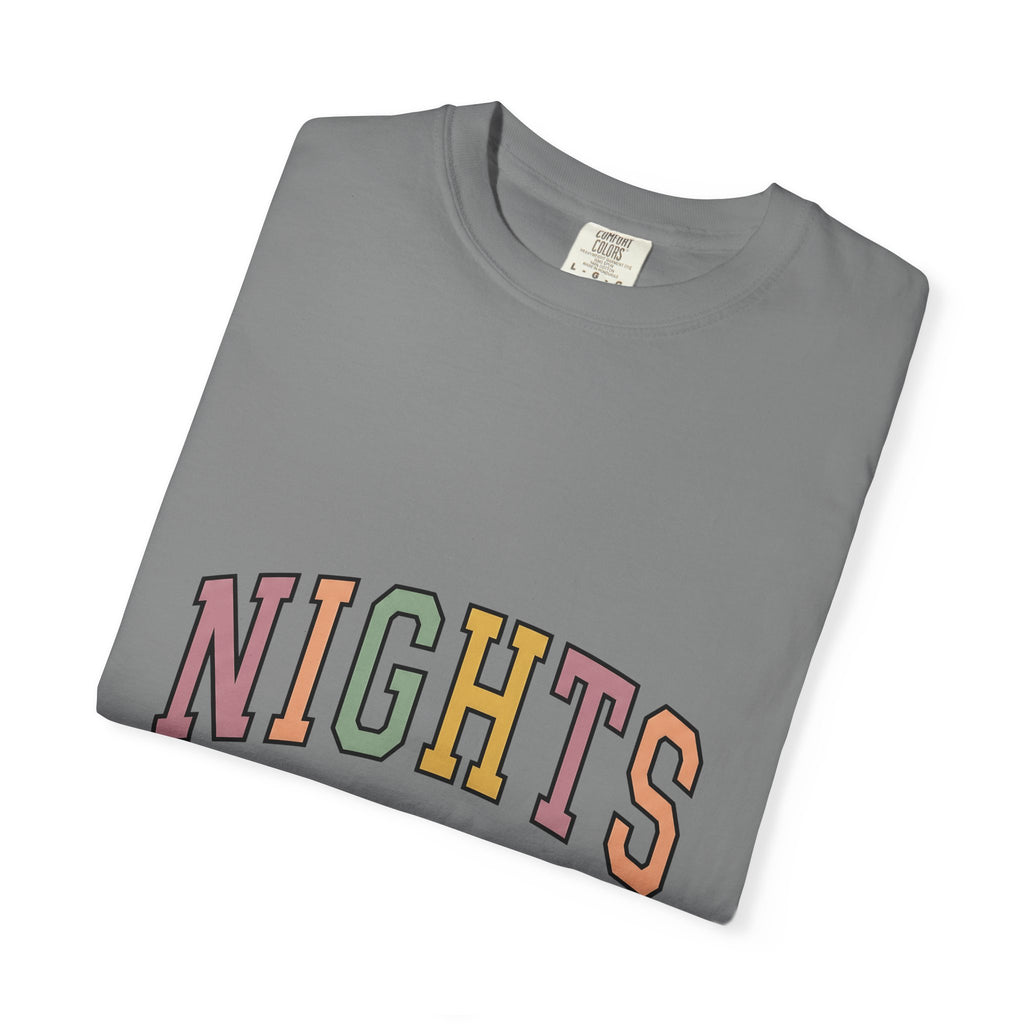 Varsity Lettering Design T-Shirt Nurses Graveyard Shift Gift Women Pale Hues T-Shirt Letterman T-Shirt Nursing Enthusiast Pastel T-Shirt Night