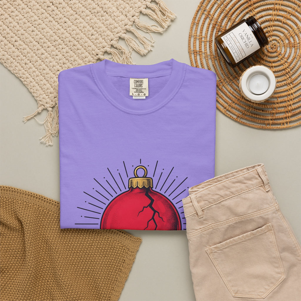 Fractured Ornament T-Shirt Christmas Satire Gift Women Hand Drawn T-Shirt Broken Bauble T-Shirt Xmas Fan Hand Drawn T-Shirt Sarcastic Graphic Old