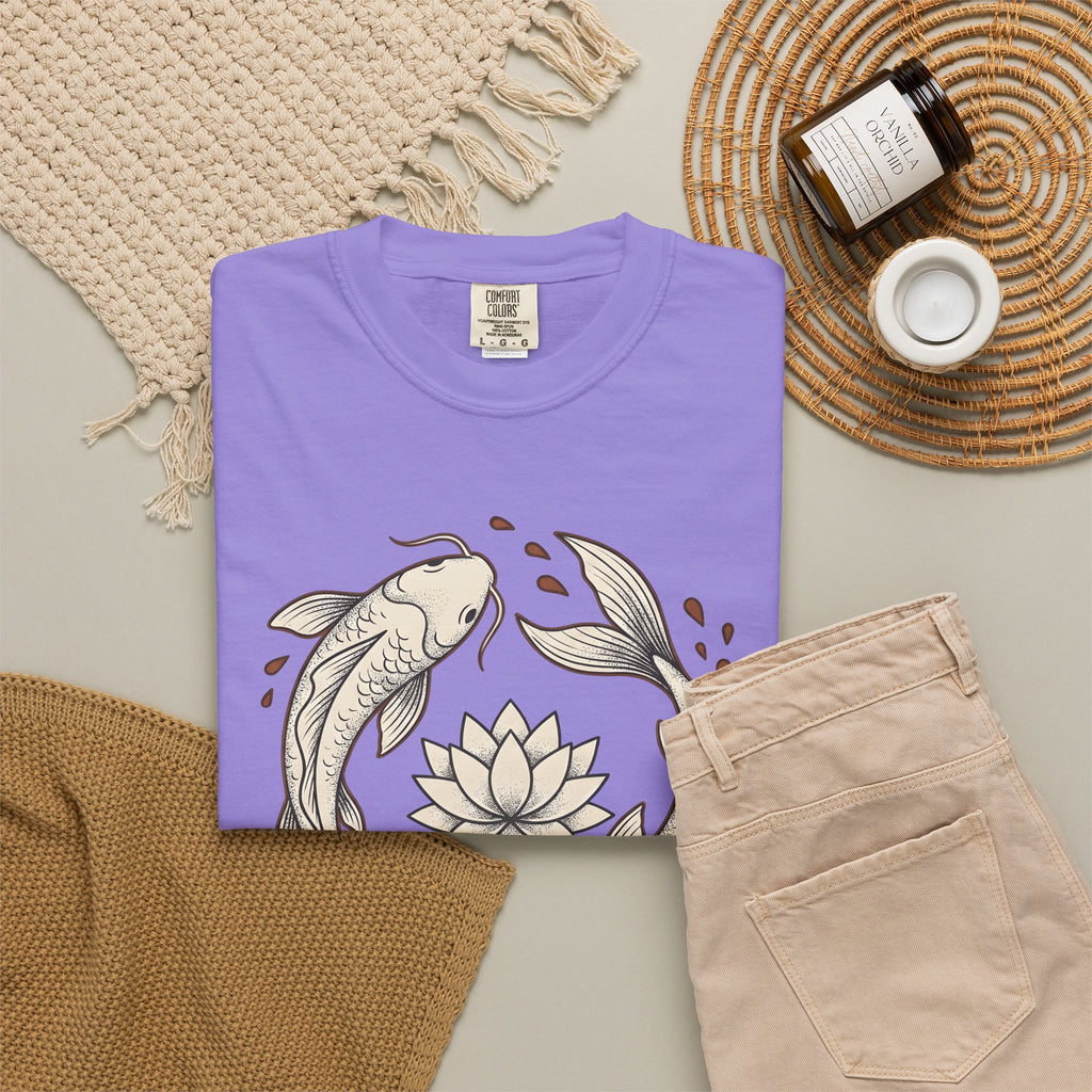 Koi Fish T-Shirt Koi Fish Calm Gift Women Folk Art T-Shirt Carp T-Shirt Koi Fan Naïve Art T-Shirt Serene Graphic Outline Flower T-Shirt