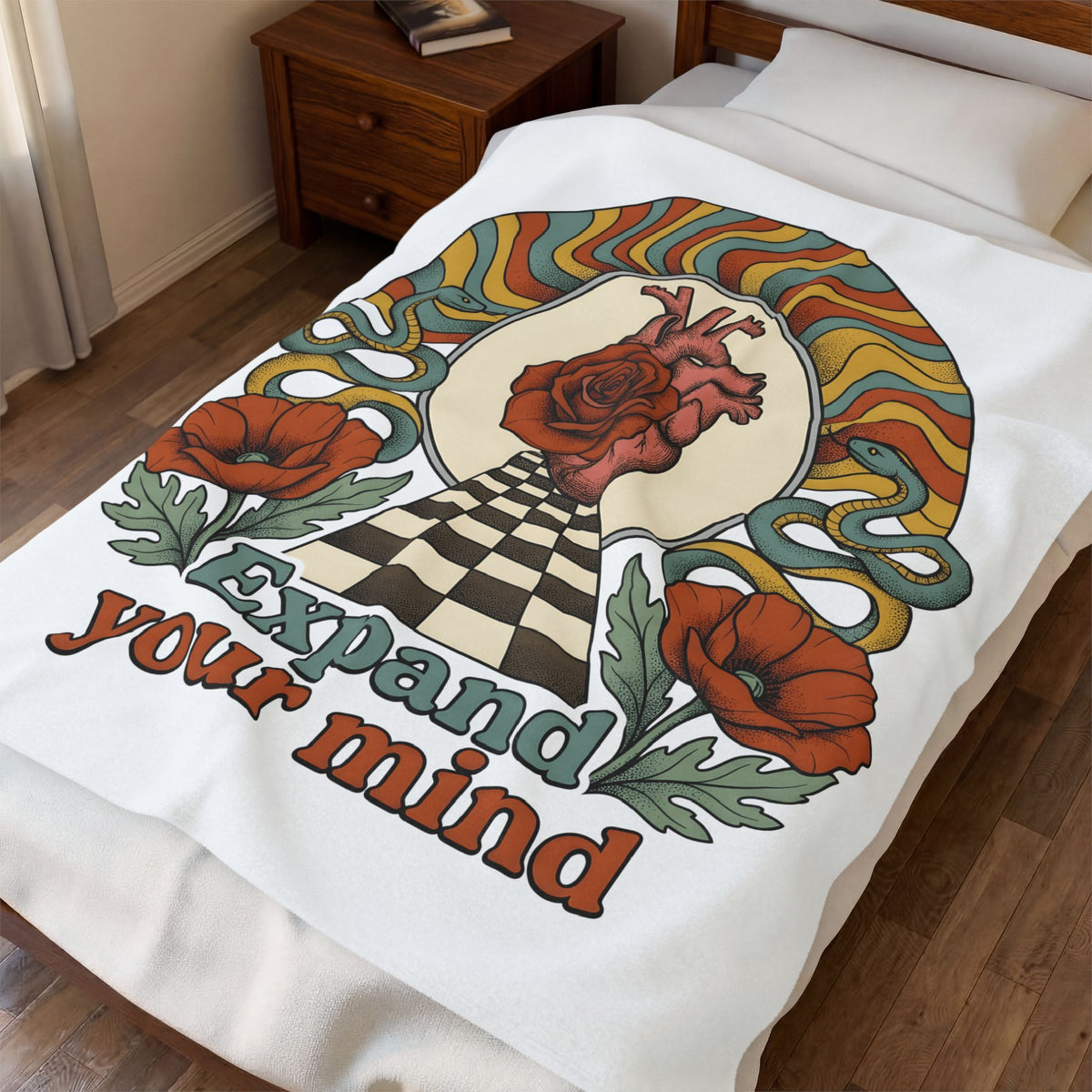 Anatomical Heart Rose Blanket Boho Chic Spiritual Gift Women Psychedelic Blanket Heart Rose Blanket Boho Fan Trippy Blanket Mystical Graphic Retro
