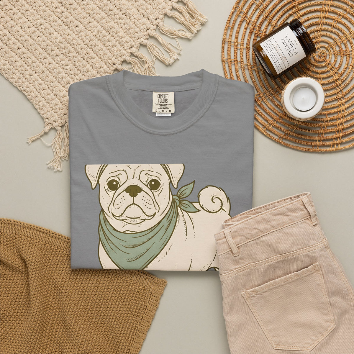 Pug Dog T-Shirt Dog Pets Gift Women Hand Drawn T-Shirt Puggle T-Shirt Dog Fan Mop Dog Graphic Pet Design Illustration Minimalist Bandana T-Shirt