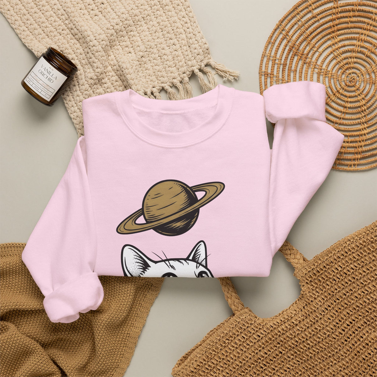 Cat Graphic Sweatshirt Cat Space Gift Women Line Art Sweatshirt Kitten Sweatshirt Feline Fan Simple Sweatshirt Galaxy Graphic Minimalist Planet Sweatshirt