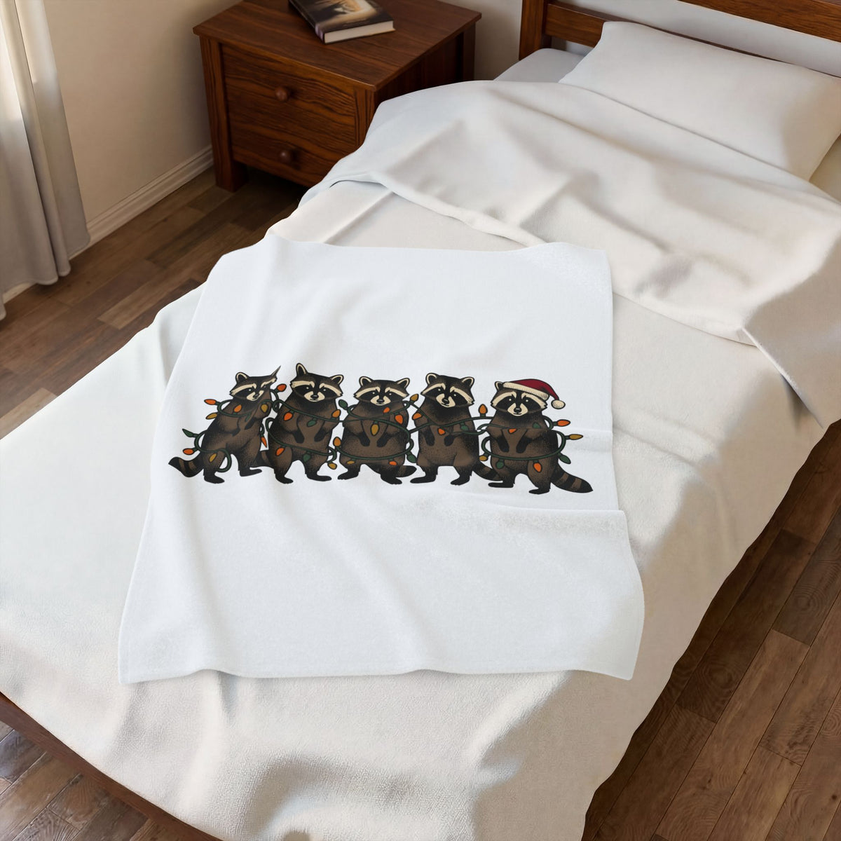 Raccoon Pack Blanket Christmas Wildlife Gift Women Comic Blanket Trash Panda Blanket Xmas Fan Cartoon Blanket Animal Graphic Retro Holiday Lights
