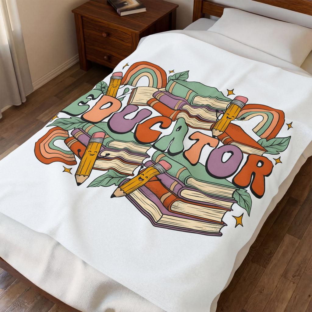 Books Pencils Blanket Teacher School Gift Women Cartoon Blanket Stationery Blanket Educator Enthusiast Comic Blanket Classroom Graphic Retro