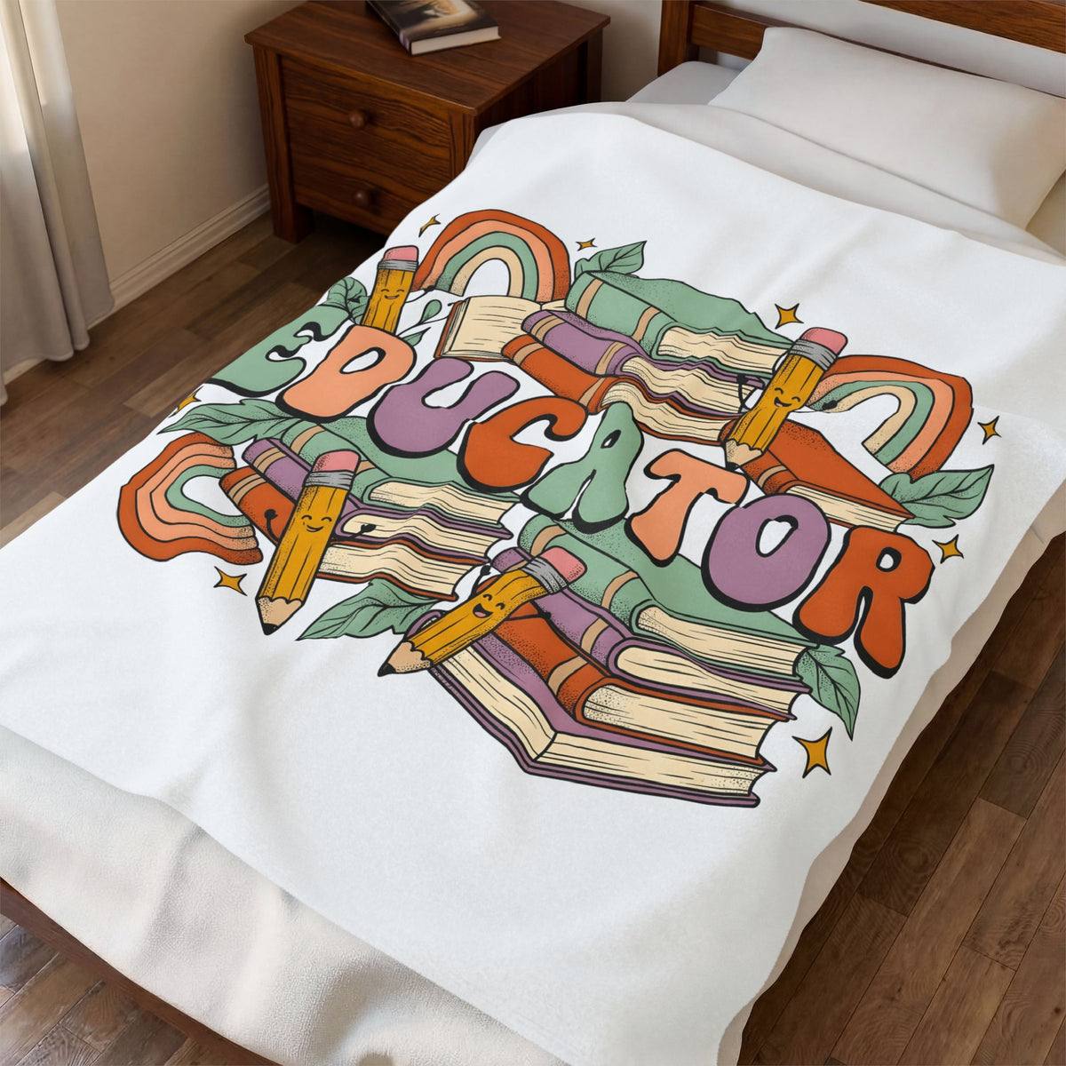 Books Pencils Blanket Teacher School Gift Women Cartoon Blanket Stationery Blanket Educator Enthusiast Comic Blanket Classroom Graphic Retro