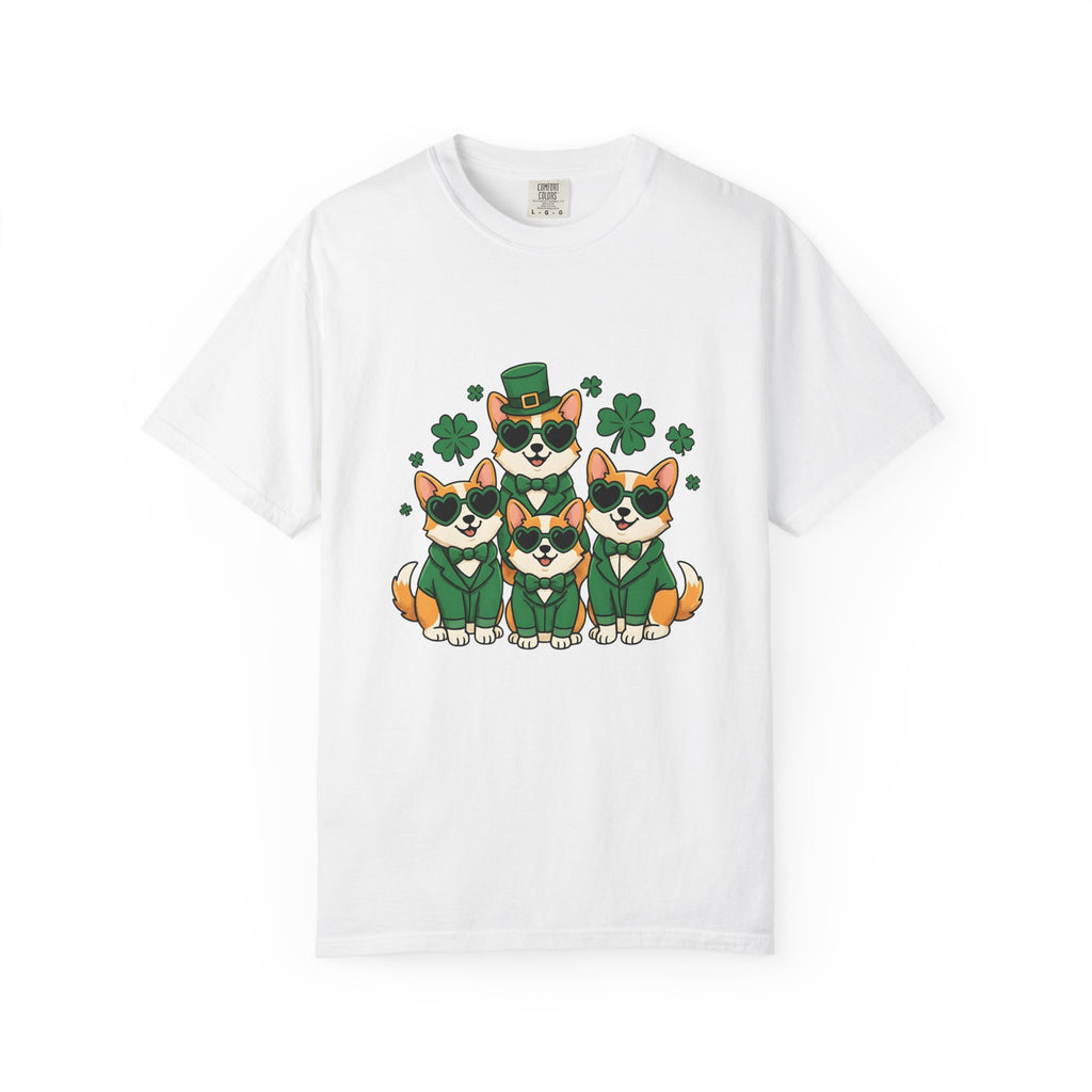Corgi Puppies T-Shirt St Patrick's Day Pet Owner Gift Women Comic T-Shirt Puppy T-Shirt Shamrock Fan Cartoon T-Shirt Dog Mom Graphic Chibi Clover