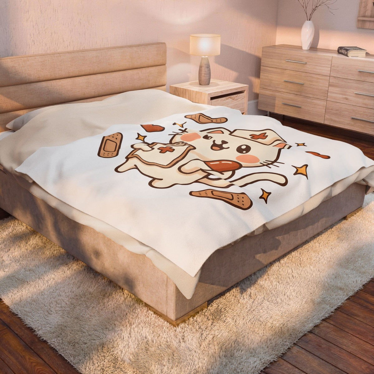 Nurse Kitty Blanket Nurse Wildlife Gift Women Chibi Blanket Kitty Cat Blanket Nursing Enthusiast Cartoon Blanket Animal Graphic Animated Adhesive