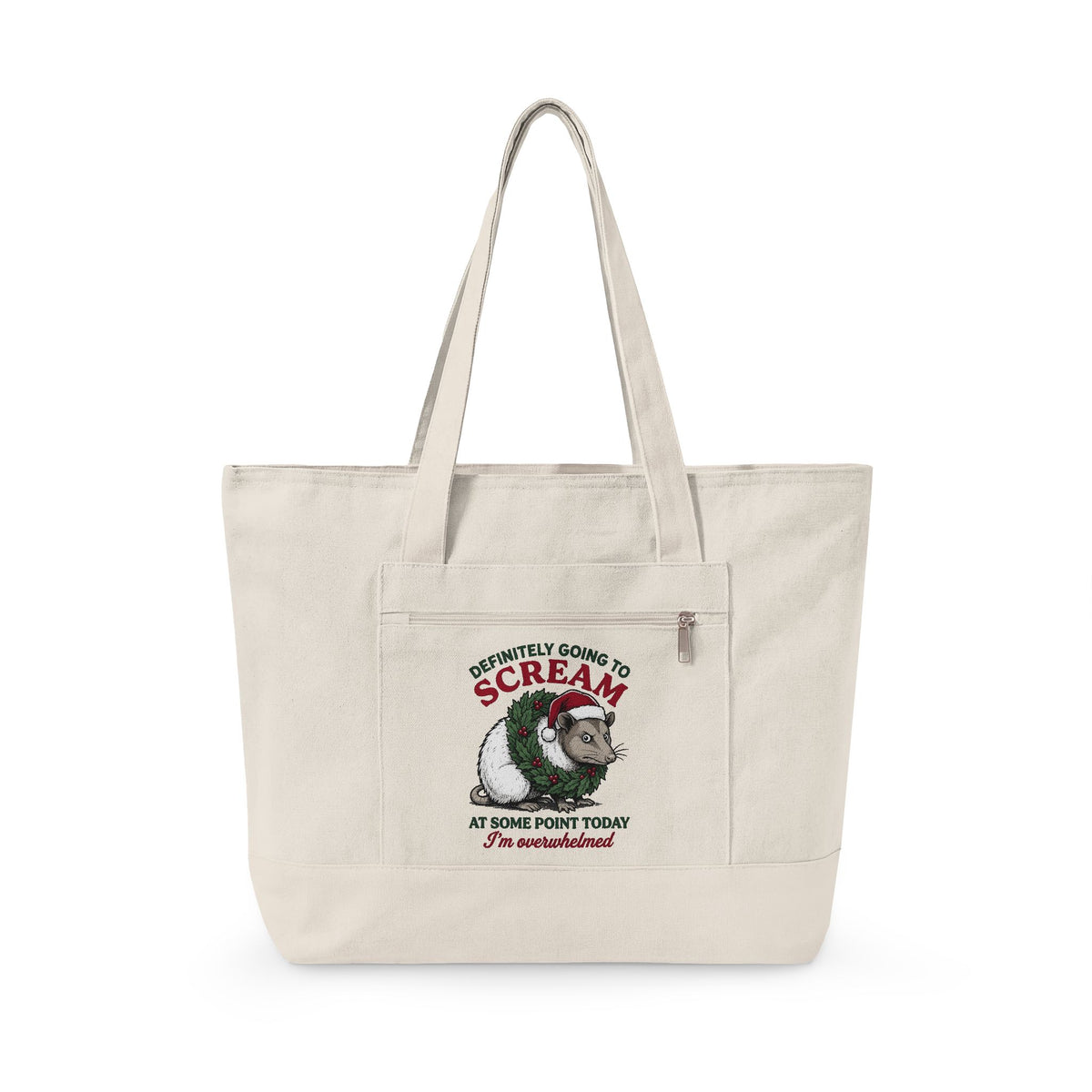 Possum Holiday Hat Tote Bag Funny Critter Gift Women Sketch Tote Bag Opossum Tote Bag Humor Fan Doodle Tote Bag Animal Graphic Line Art Xmas Wreath
