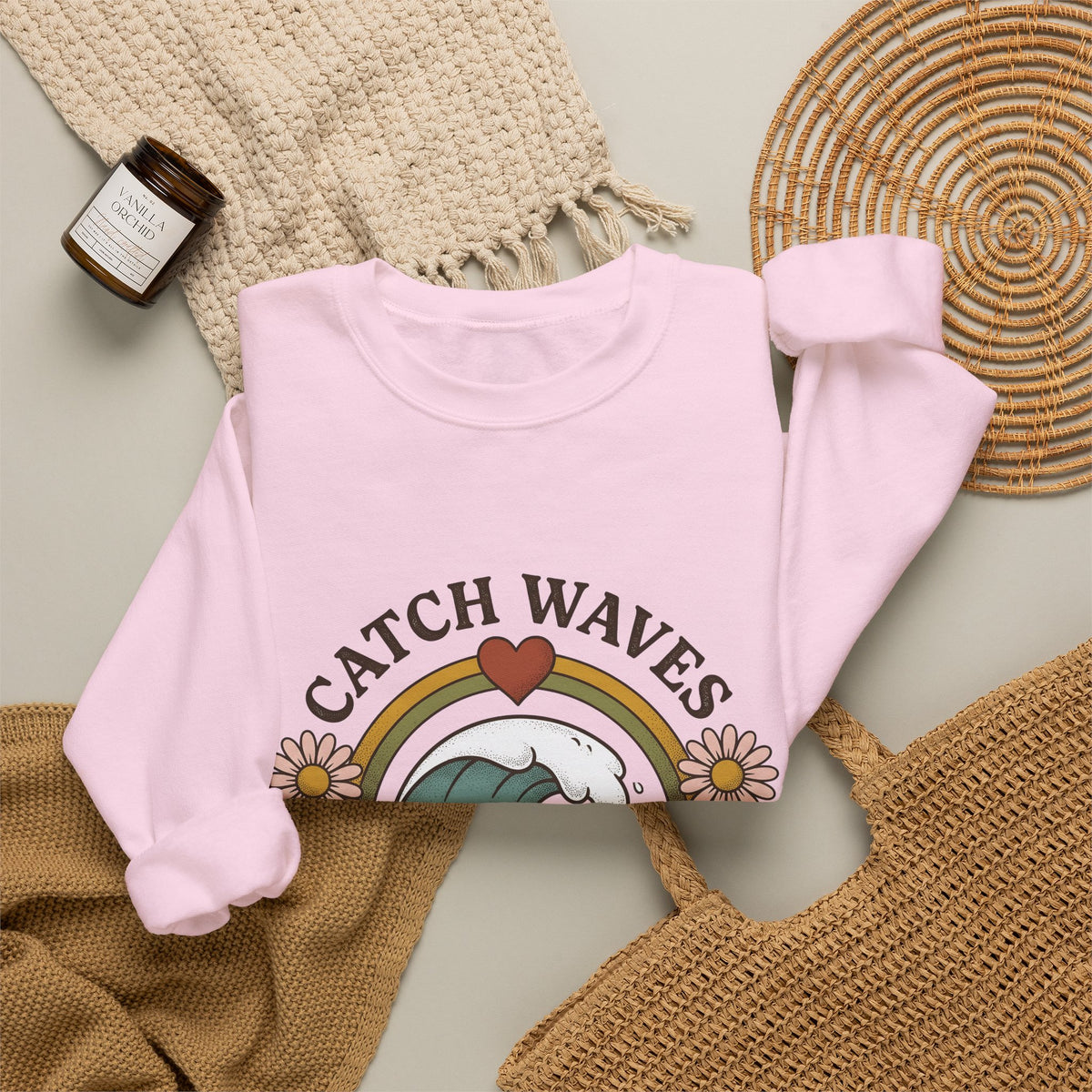 Happy Wave Sweatshirt Sports Beach Gift Women Vintage Sweatshirt Wave Sweatshirt Athlete Fan Surf Graphic Sweatshirt Hand Drawn Wildflowers Sweatshirt