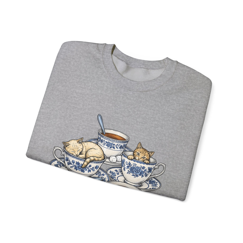 Cat Teacup Sweatshirt Cat Beverage Gift Women Retro Sweatshirt Kitty Sweatshirt Cat Fan Vintage Sweatshirt Coffee Graphic Sketch Flower Design Sweatshirt