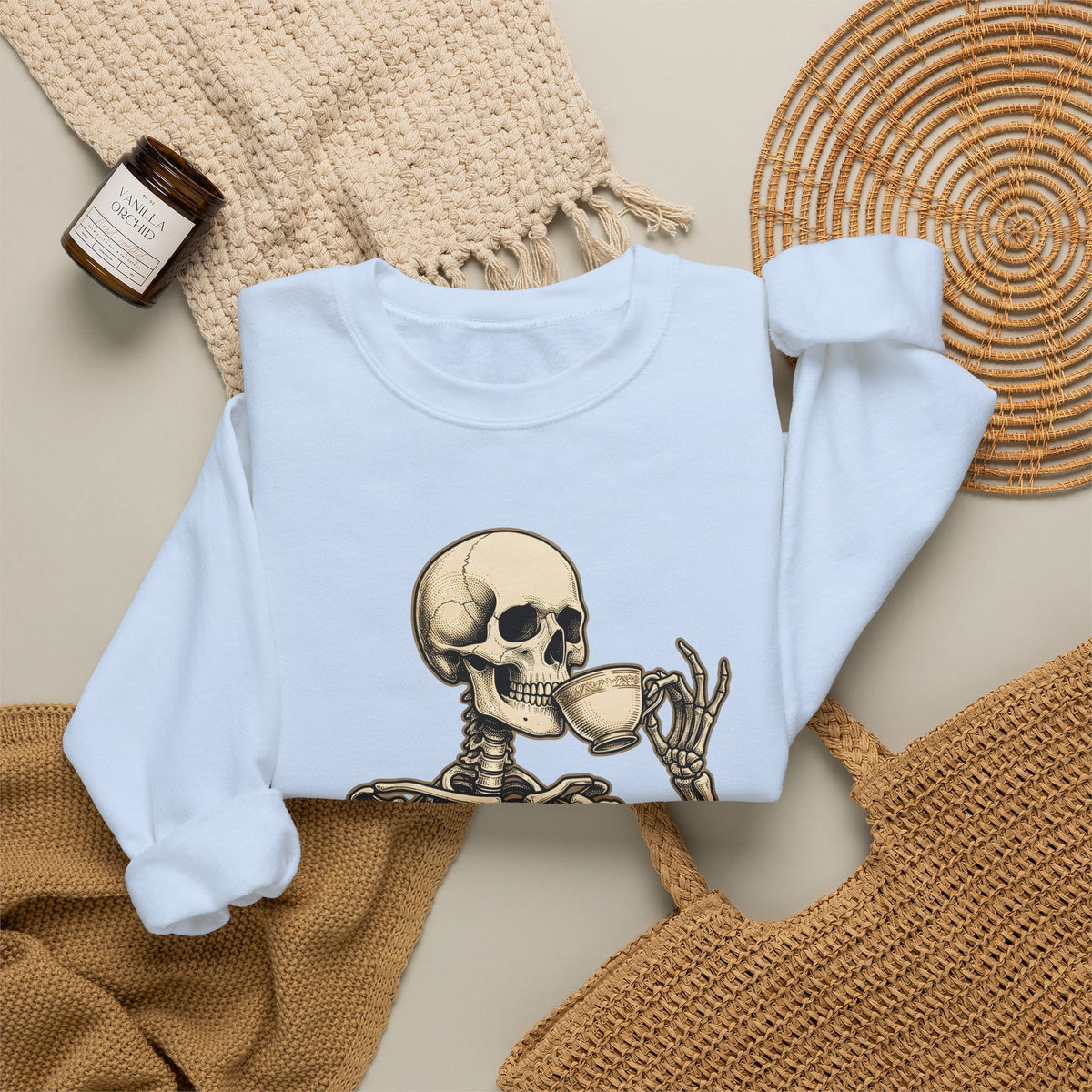 Skeleton Tea Cup Sweatshirt Halloween Goth Gift Women Vintage Sweatshirt Tea Cup Sweatshirt Horror Fan Retro Sweatshirt Dark Graphic Hand