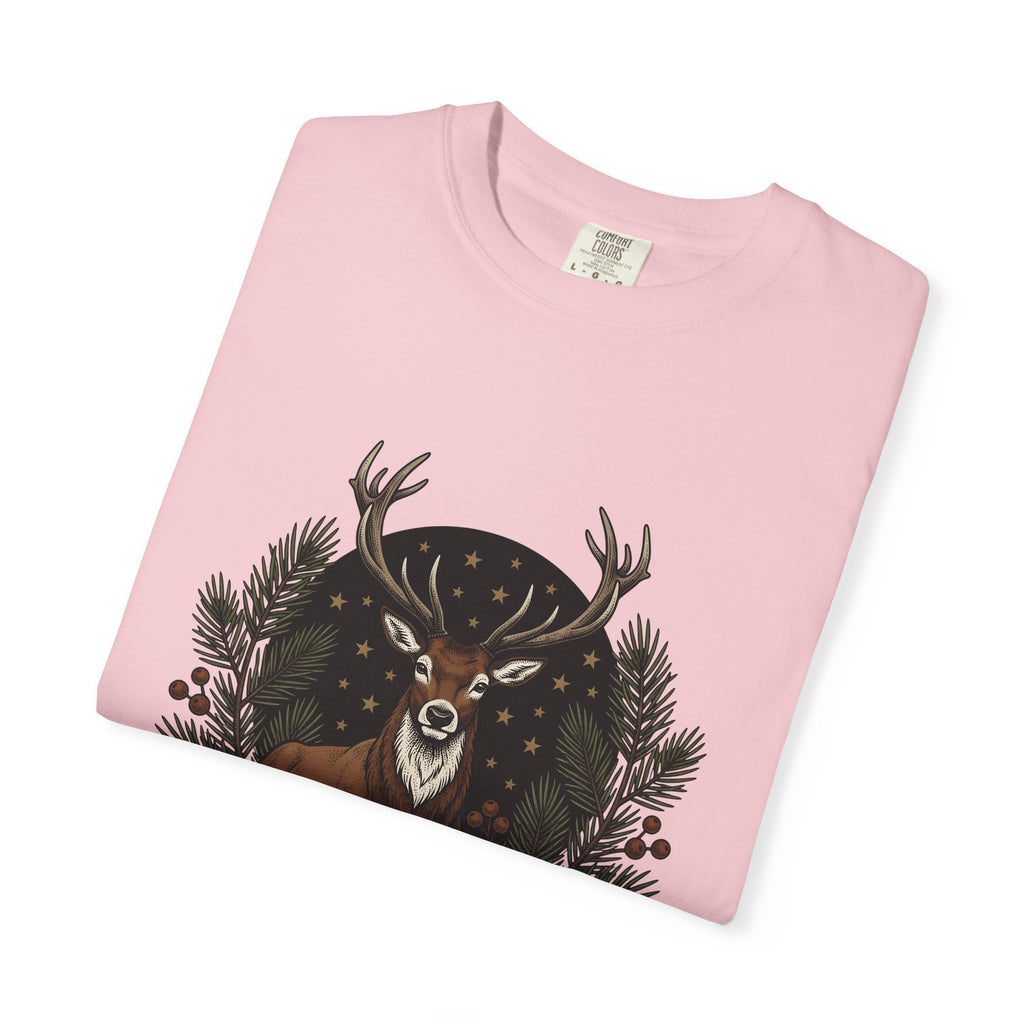 Elk Design T-Shirt Woodland Festive Gift Women Old School T-Shirt Moose T-Shirt Forest Fan Vintage T-Shirt Holiday Graphic Outline Pine Cone T-Shirt
