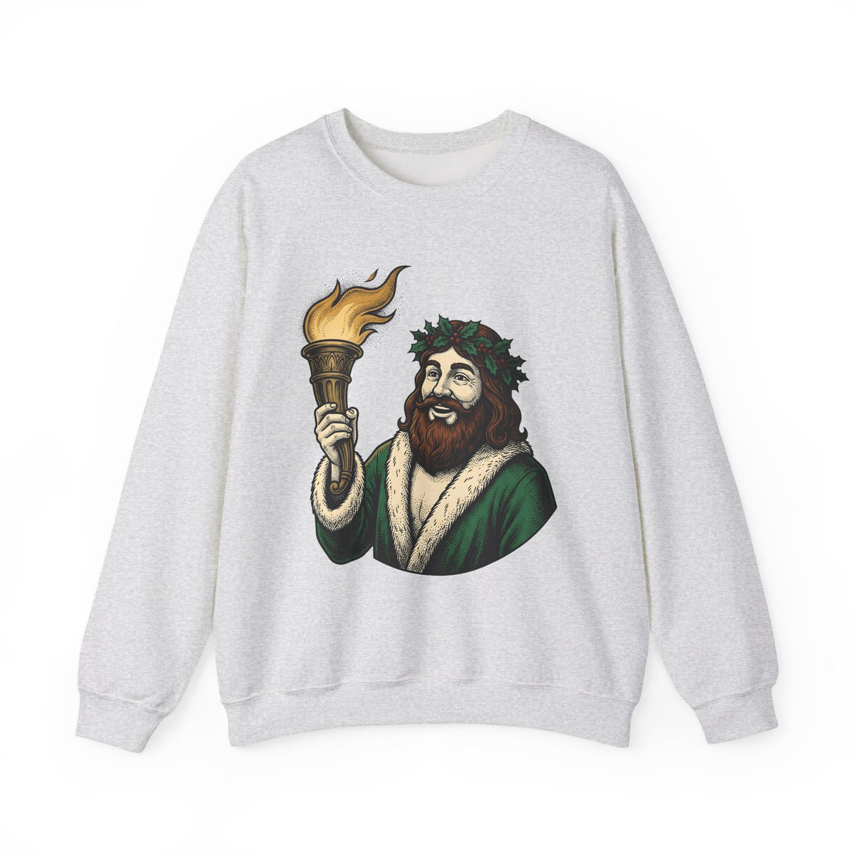 Santa Torch Sweatshirt Christmas Holiday Gift Women Vintage Sweatshirt Torch Sweatshirt Christmas Fan Retro Sweatshirt Seasonal Graphic Hand Drawn Holly Crown