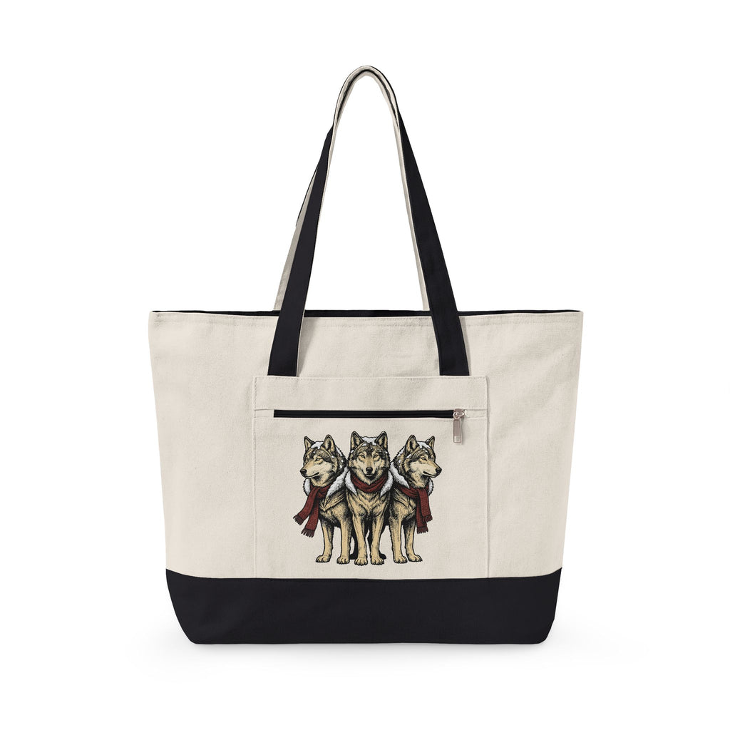 Wolf Trio Tote Bag Christmas Animal Gift Women Hand Drawn Tote Bag Pack Tote Bag Xmas Fan Illustrated Tote Bag Creature Graphic Vintage Scarf Tote Bag