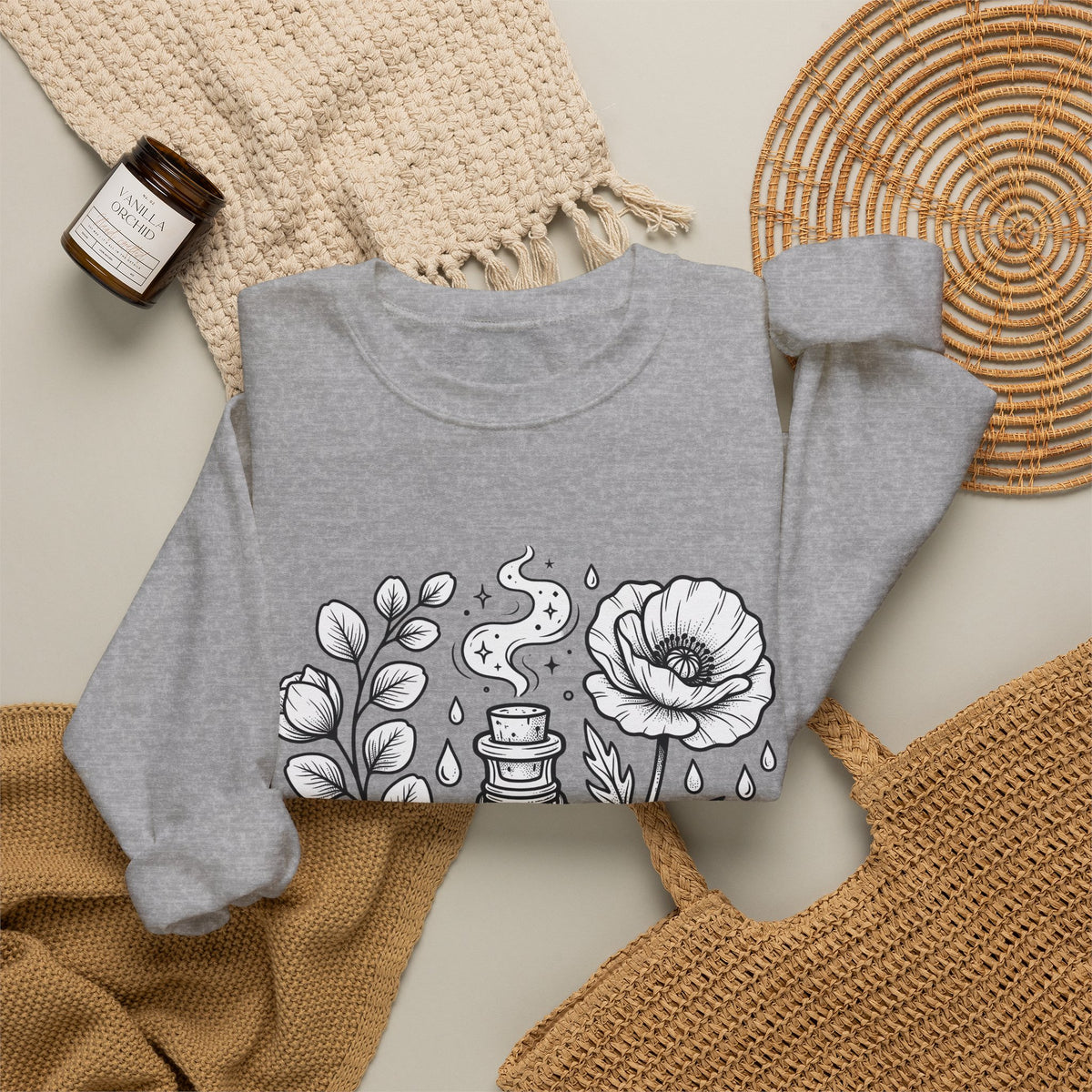 Magic Bottle Sweatshirt Halloween Spells Gift Women Sketch Sweatshirt Genie Bottle Sweatshirt Horror Fan Mystic Drawing Graphic Retro Flower Sweatshirt