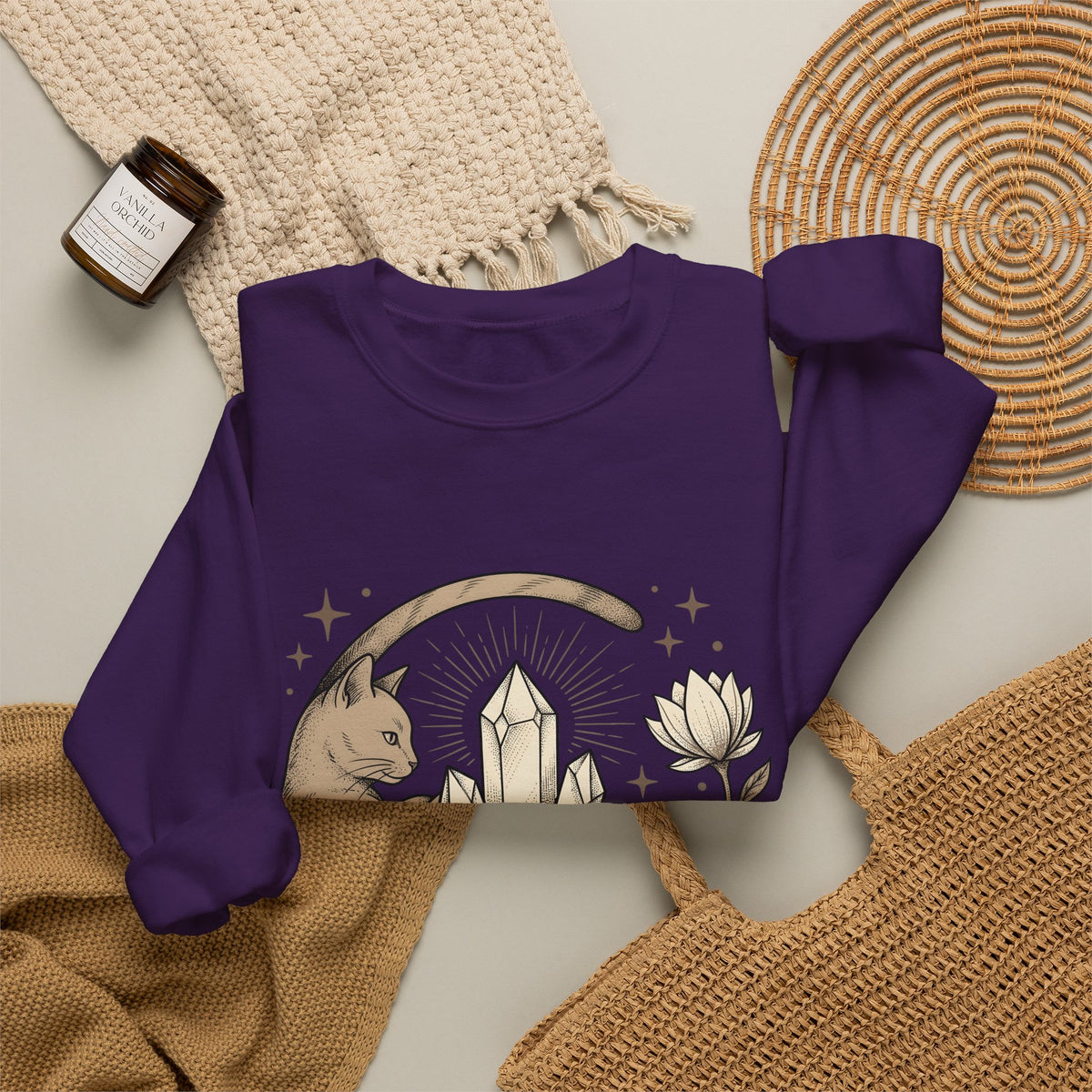 Kitty Stone Sweatshirt Cat Esoteric Gift Women Bohemian Sweatshirt Cat Sweatshirt Cat Fan Mystical Graphic Classic Lotus Blossom Sweatshirt