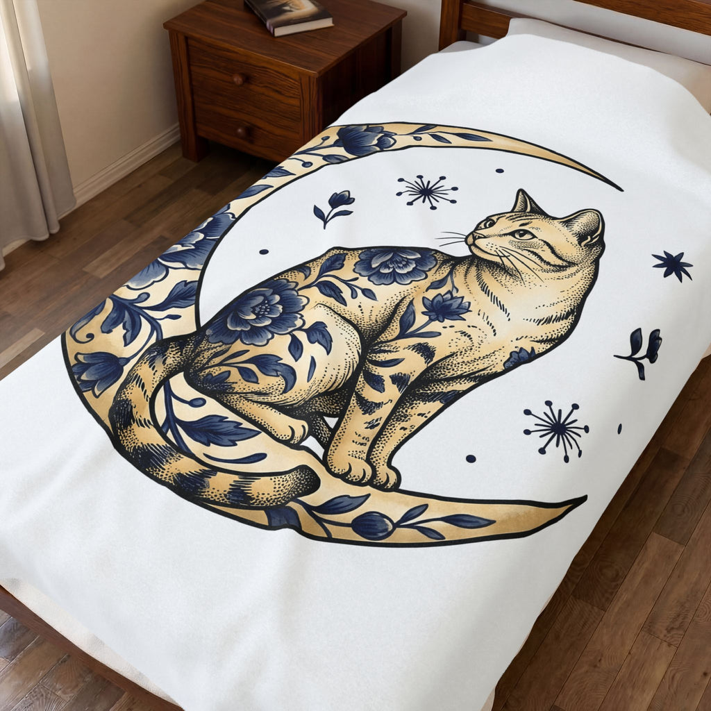 Flower Kitty Blanket Cat Astrology Gift Women Hippie Blanket Kitty Cat Blanket Cat Fan Zodiac Graphic Blanket Retro Half Moon Blanket