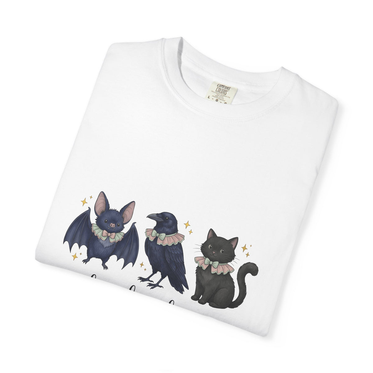 Bat Crow Cat T-Shirt Halloween Witch Gift Women Cute T-Shirt Animal T-Shirt Spooky Fan Cartoon T-Shirt Magical Graphic Hand