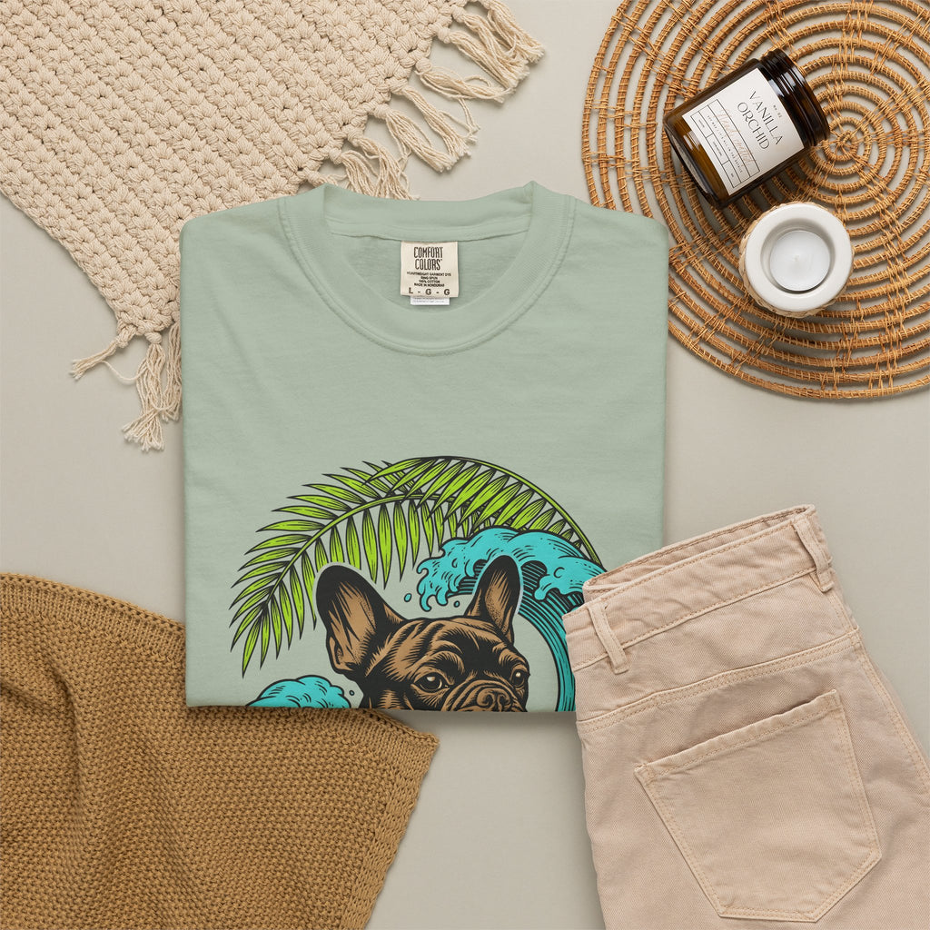 French Bulldog T-Shirt Dog Seaside Gift Women Illustrative T-Shirt Bulldog T-Shirt Dog Fan Frenchie T-Shirt Coastal Graphic Sketch Island Flower