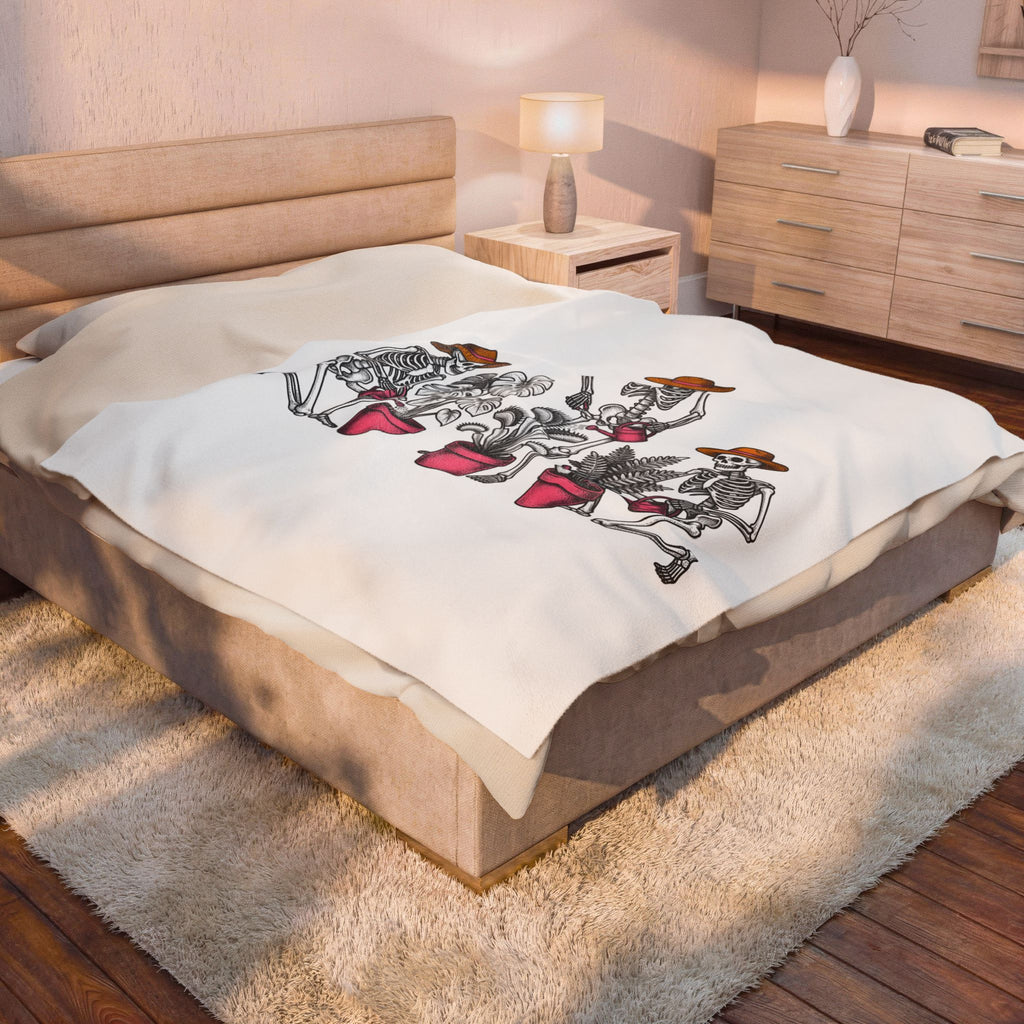 Skull Gardener Halloween Plants Gift Sketch Skeleton Horror Fan Drawing Floral Retro Potted Plants Blanket