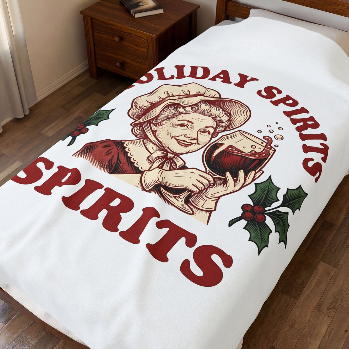 Cheerful Woman Wine Blanket Christmas Fun Gift Women Cartoon Blanket Wine Blanket Xmas Fan Comic Blanket Humor Graphic Line Art Winter Greenery