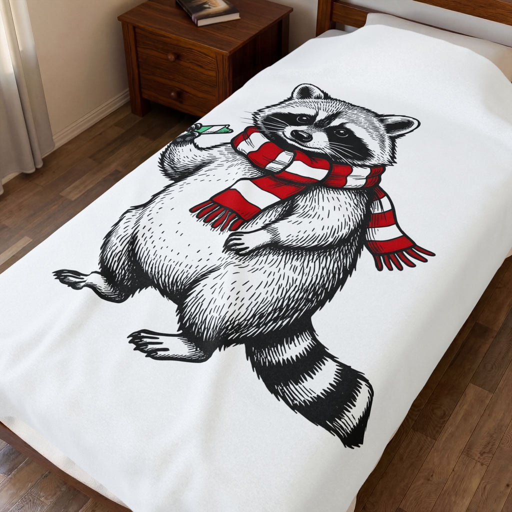 Raccoon Illustration Blanket Animals Holiday Gift Women Sketch Blanket Trash Panda Blanket Wildlife Fan Drawing Graphic Christmas Retro Peppermint