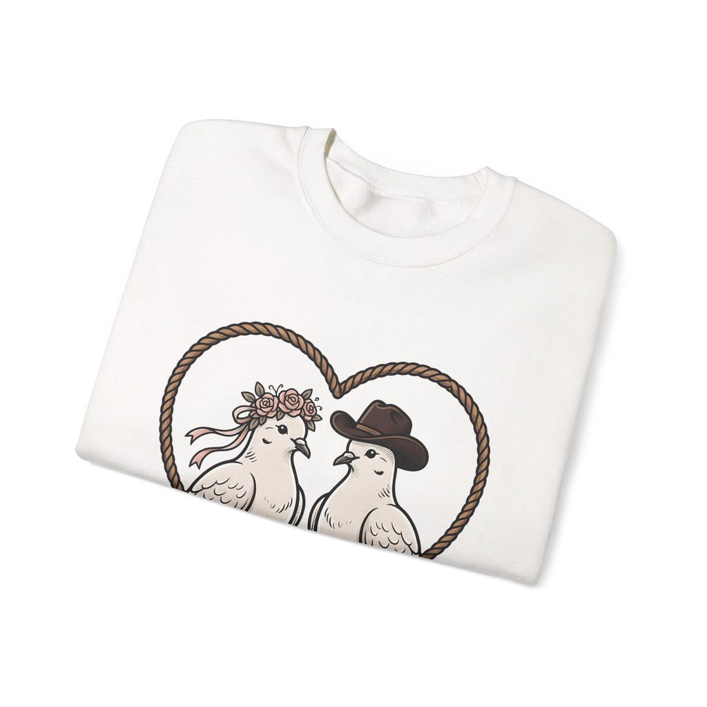Dove Duo Sweatshirt Cowgirl Ranch Gift Women Classic Sweatshirt Pigeons Sweatshirt Rodeo Fan Rustic Graphic Sweatshirt Pen Drawing Braided Heart Sweatshirt
