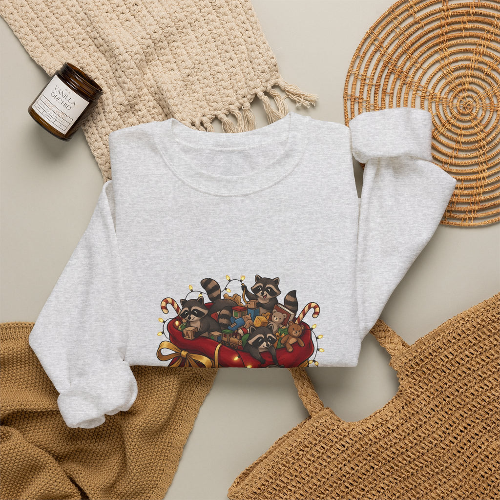 Raccoon Toy Sack Sweatshirt Christmas Animals Gift Women Cute Sweatshirt Trash Panda Sweatshirt Xmas Fan Critter Graphic Sweatshirt Hand Drawn Fairy Lights
