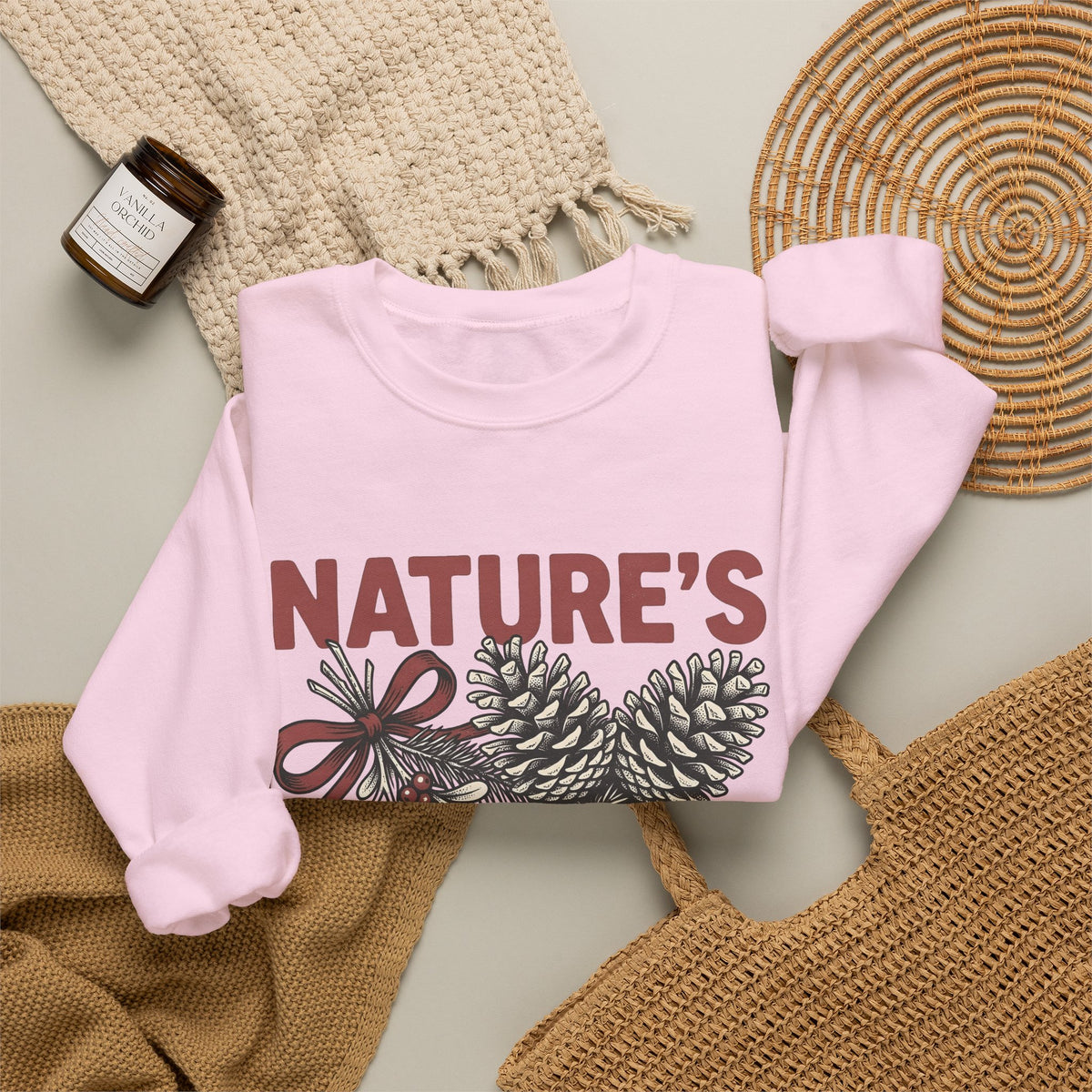 Pinecone Twig Sweatshirt Christmas Outdoors Gift Women Retro Sweatshirt Branch Sweatshirt Xmas Fan Evergreen Graphic Sweatshirt Sketch Ribbon Sweatshirt