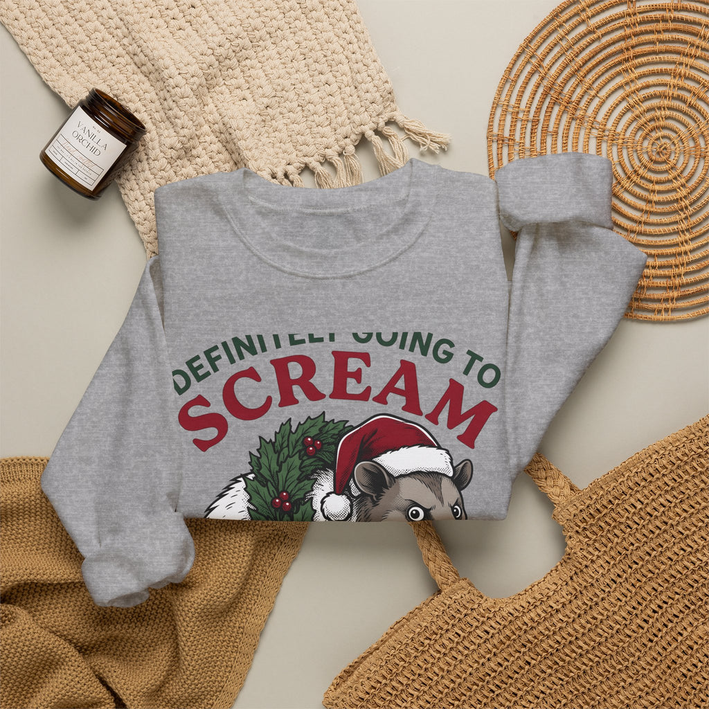 Possum Holiday Hat Sweatshirt Funny Critter Gift Women Sketch Sweatshirt Opossum Sweatshirt Humor Fan Doodle Sweatshirt Animal Graphic Line Art Xmas Wreath