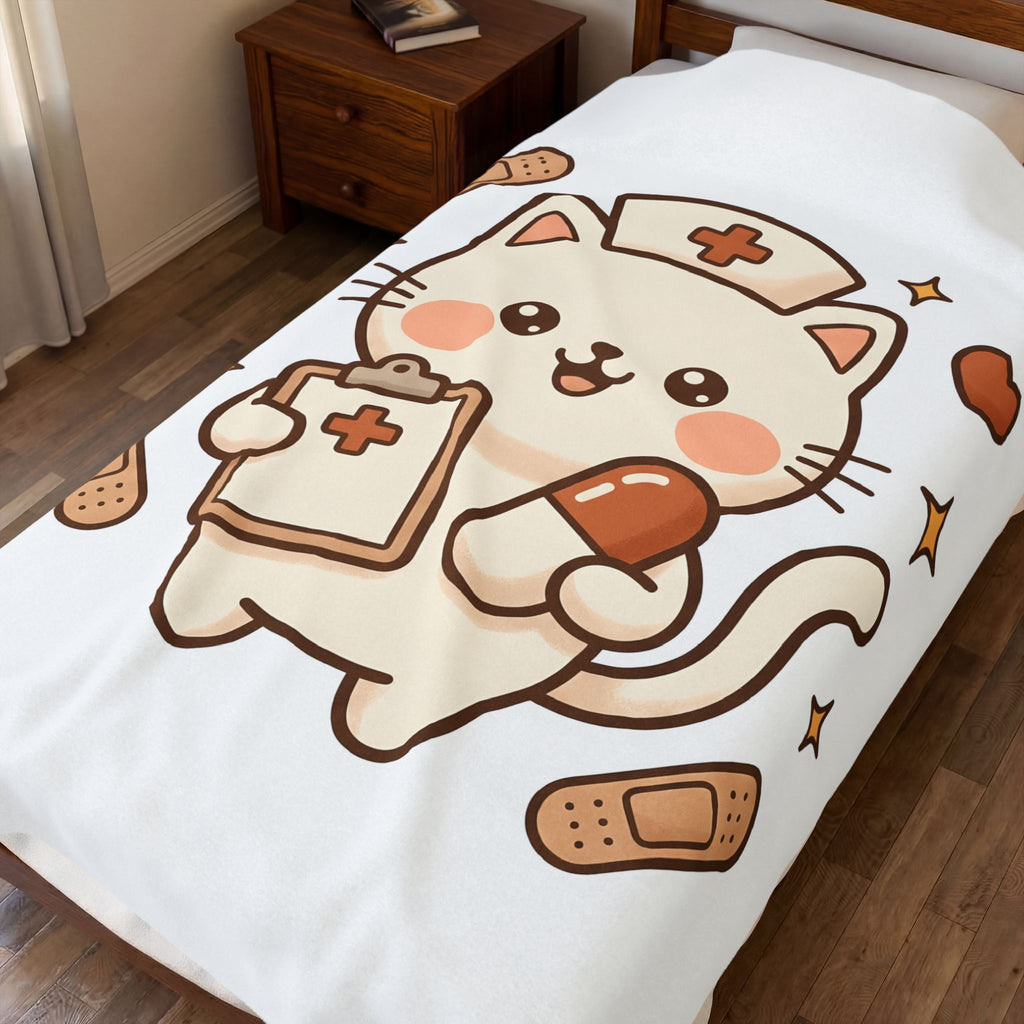 Nurse Kitty Blanket Nurse Wildlife Gift Women Chibi Blanket Kitty Cat Blanket Nursing Enthusiast Cartoon Blanket Animal Graphic Animated Adhesive