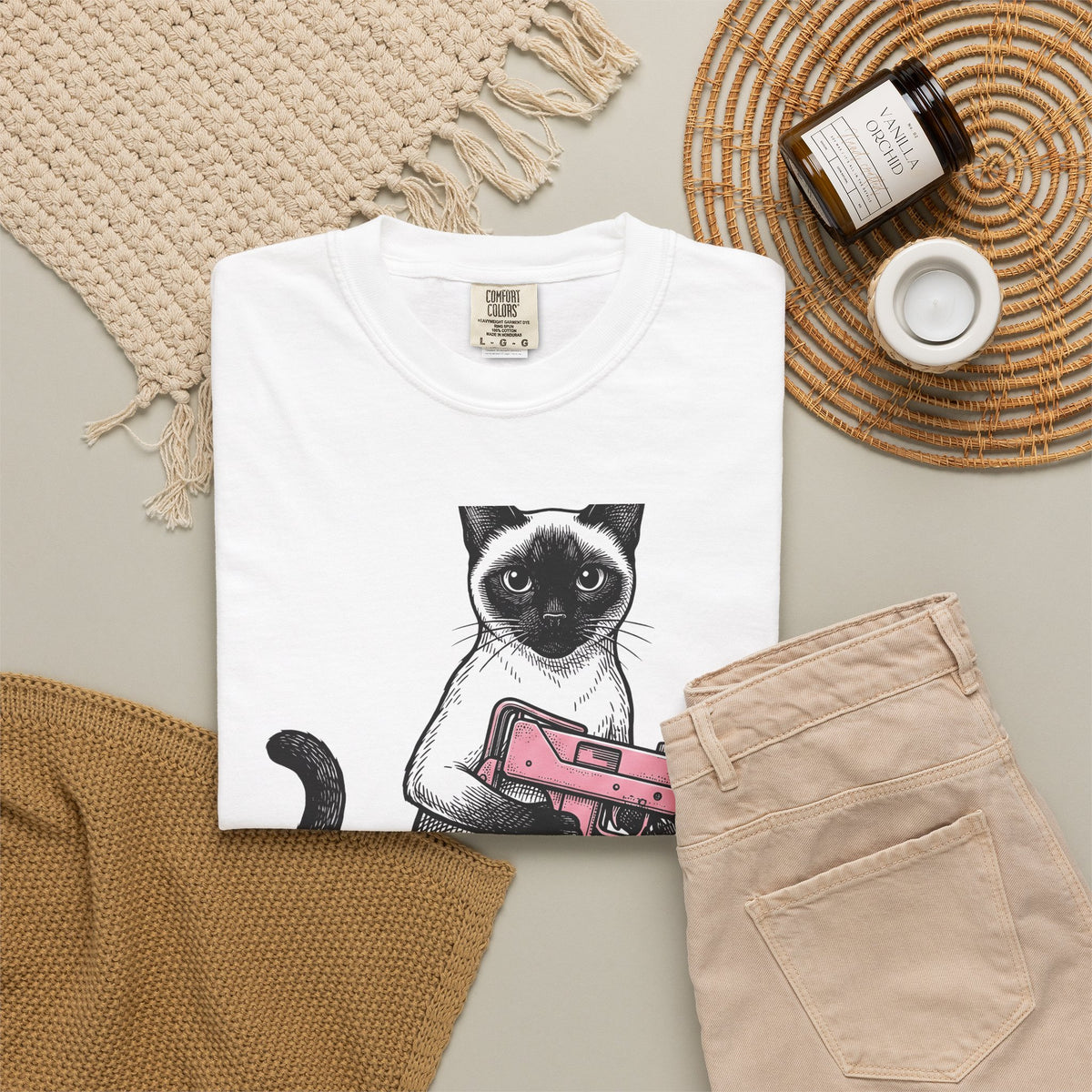 Siamese Cat T-Shirt Cat Humor Gift Women Hand Drawn T-Shirt Siamese T-Shirt Feline Fan Illustrated Graphic T-Shirt Vintage Toy Gun T-Shirt