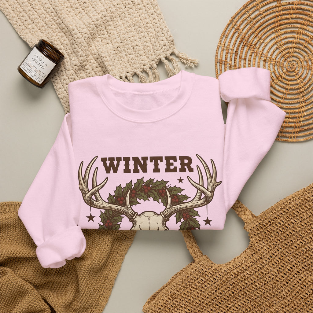 Antler Skull Sweatshirt Christmas Frost Gift Women Throwback Sweatshirt Deer Skull Sweatshirt Xmas Fan Holiday Sweatshirt Frosty Graphic Cartoon Pine Wreath