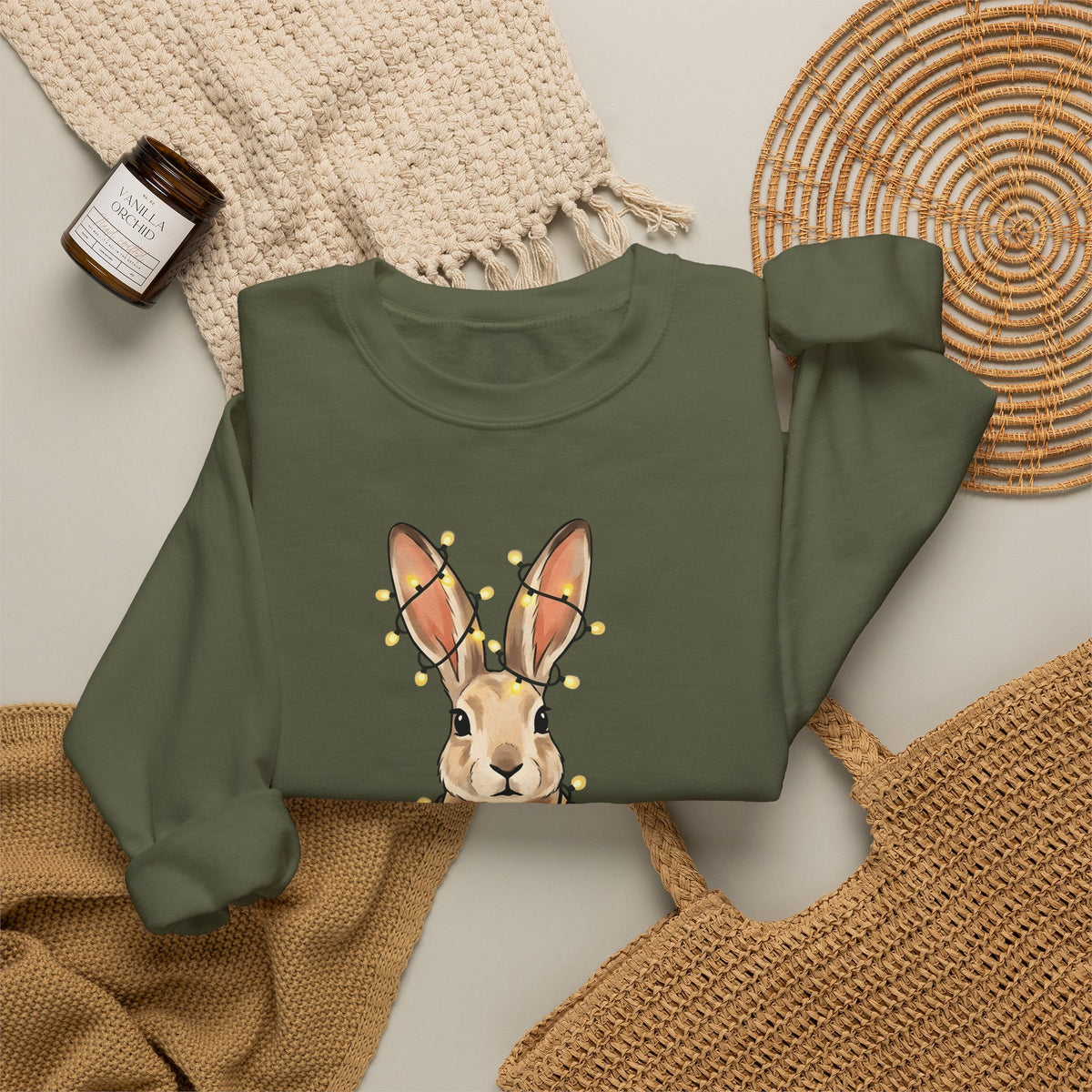 Bunny Sweatshirt Animals Holiday Gift Women Cute Sweatshirt Rabbit Sweatshirt Pet Fan Cute Sweatshirt Christmas Graphic Hand Drawn String Lights Sweatshirt