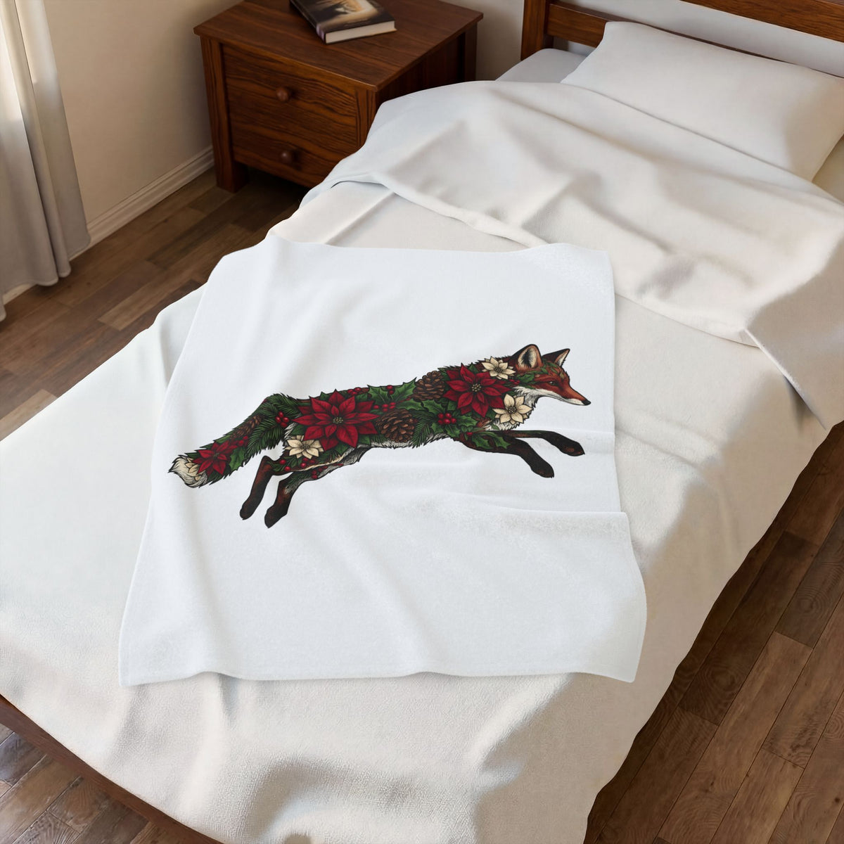 Fox Flower Holiday Winter Gift Floral Flower Christmas Fan Floral Snowflake Retro Pine Cone Blanket