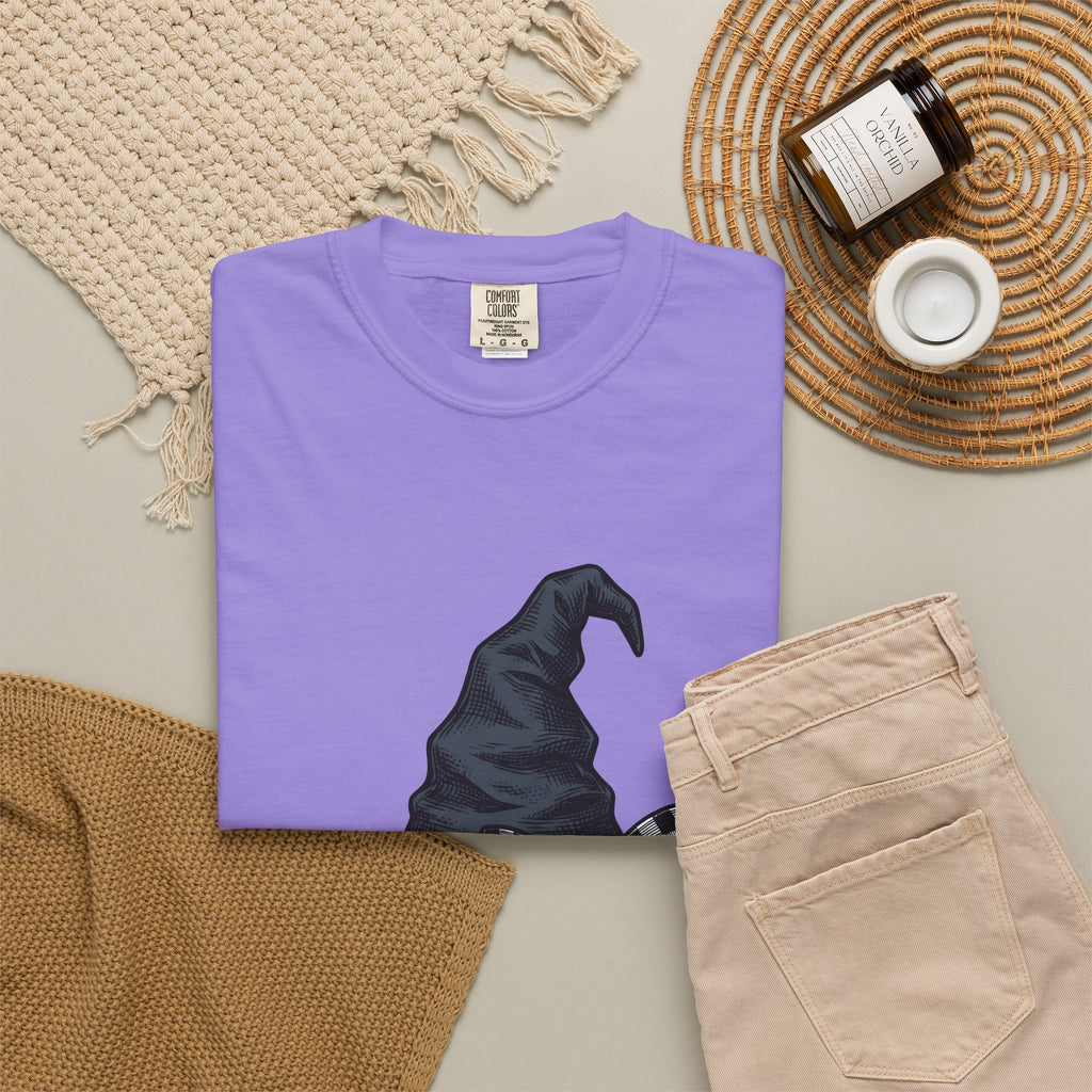 Witch Hat T-Shirt Halloween Sorcery Gift Women Cartoon T-Shirt Wizard Hat T-Shirt Halloween Fan Comic T-Shirt Magic Graphic Silhouette Gingham Bow